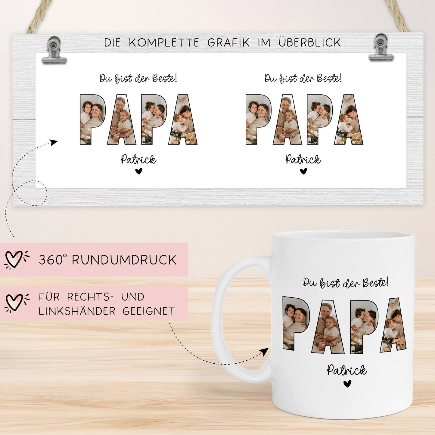 Foto Tasse Papa Vatertag Name mit Fotos personalisiert - mit eigenen Bildern selbst gestalten - Bester Papa, Vater, Dad Geschenk als Vatertagsgeschenk Geburtstag kleinebuchstaben