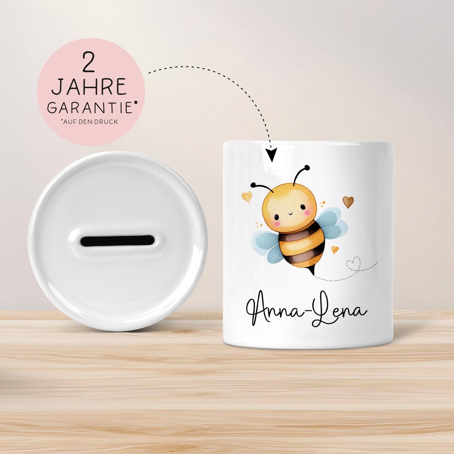Spardose Biene Name Personalisiert für Mädchen zum Geburtstag, Taufe Kommunion Firmung Konfirmation, Weihnachten - Keramik, Sparschwein kleinebuchstaben