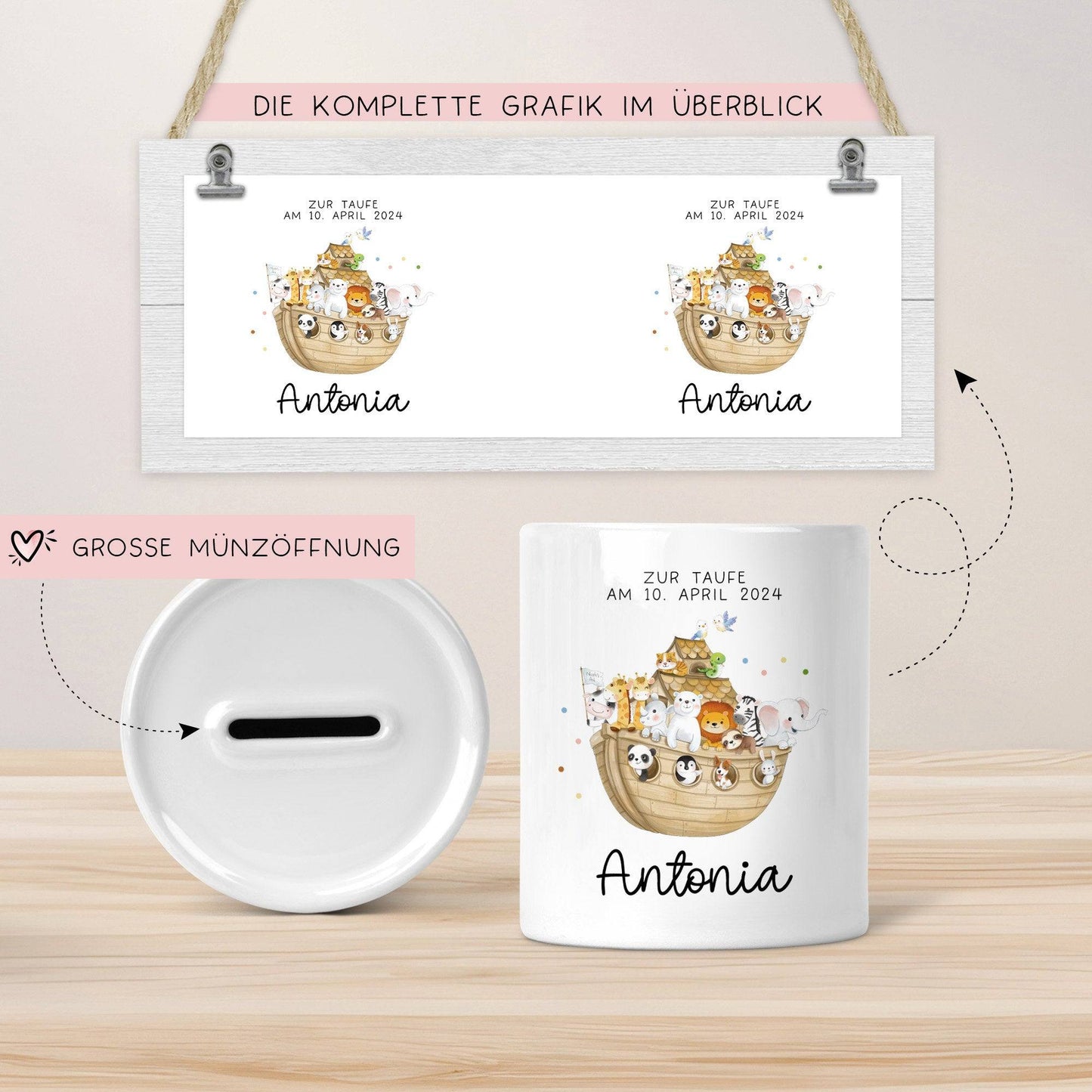 Arche Noah Spardose mit Name Taufgeschenk Spardose Kind Geldgeschenk Taufe Geschenke Babygeschenke Baby personalisiert Geburt Geschenke kleinebuchstaben