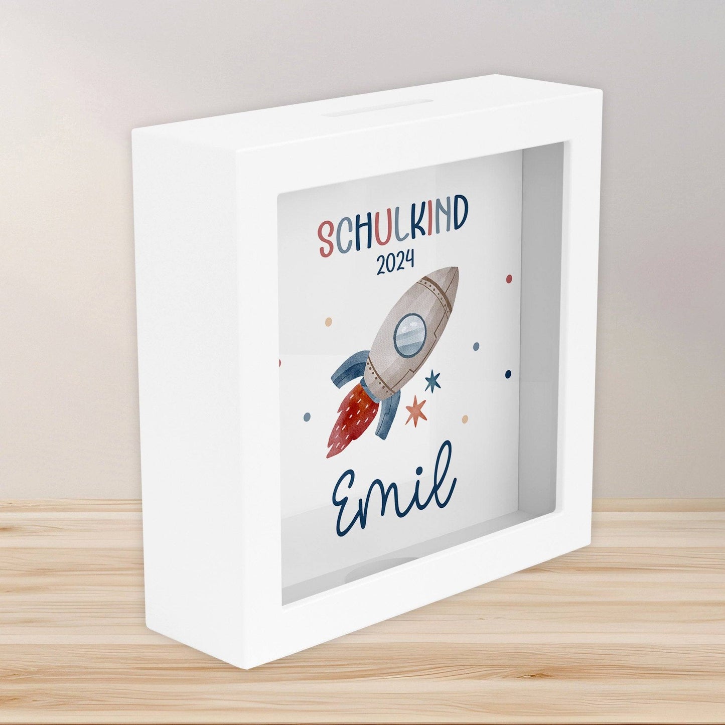 Einschulung Spardose Rakete Schulkind 2024 mit Wunschname Name Kind personalisiert Kinder Geburtstagsgeschenk mit Wunschtext kleinebuchstaben