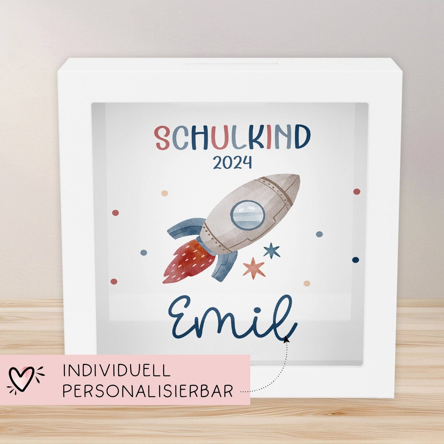 Einschulung Spardose Rakete Schulkind 2024 mit Wunschname Name Kind personalisiert Kinder Geburtstagsgeschenk mit Wunschtext kleinebuchstaben