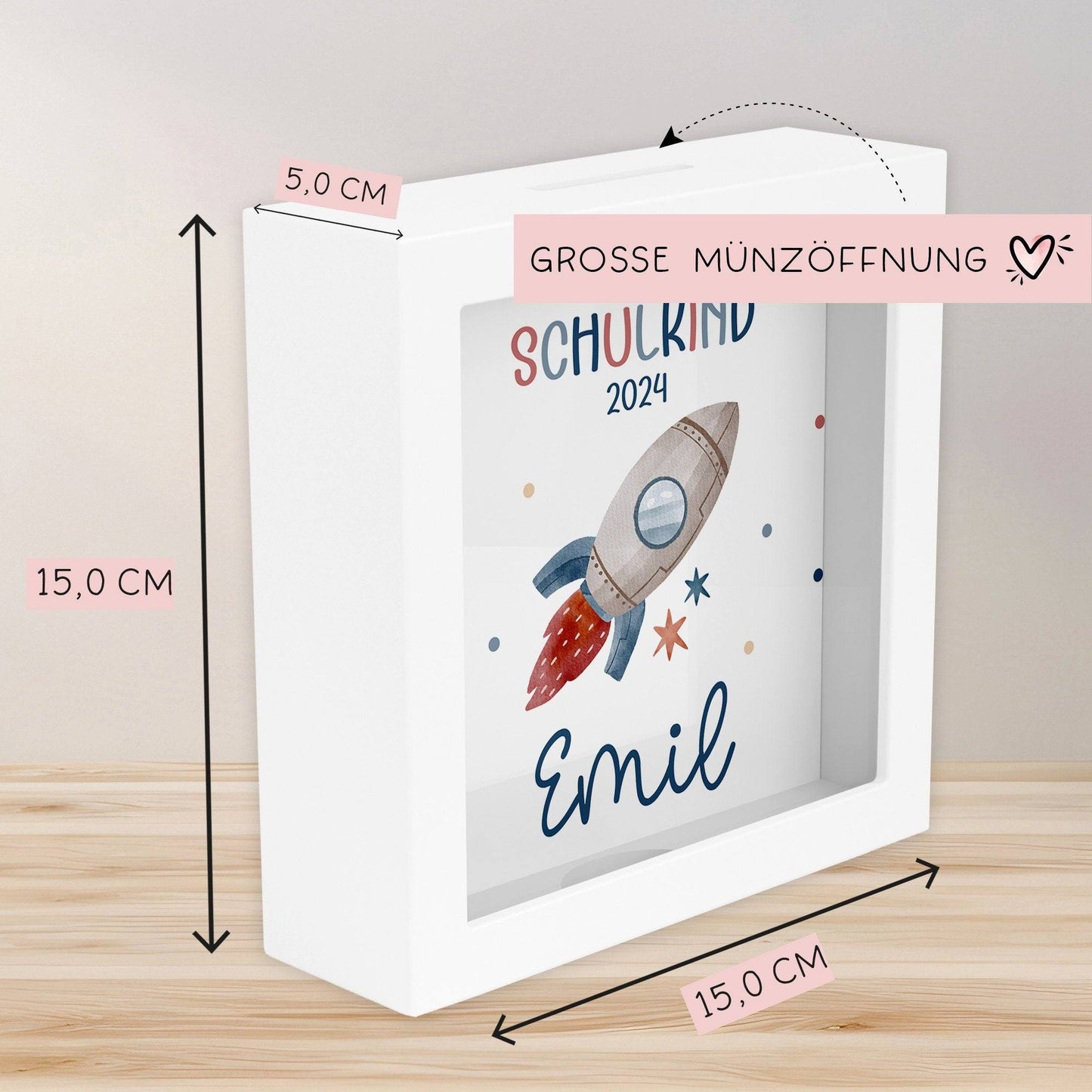 Einschulung Spardose Rakete Schulkind 2024 mit Wunschname Name Kind personalisiert Kinder Geburtstagsgeschenk mit Wunschtext kleinebuchstaben