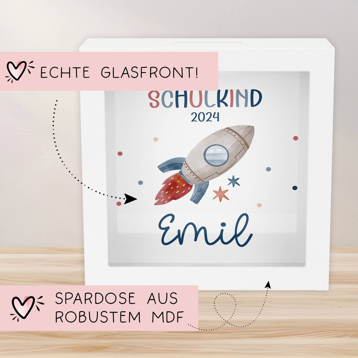 Einschulung Spardose Rakete Schulkind 2024 mit Wunschname Name Kind personalisiert Kinder Geburtstagsgeschenk mit Wunschtext kleinebuchstaben