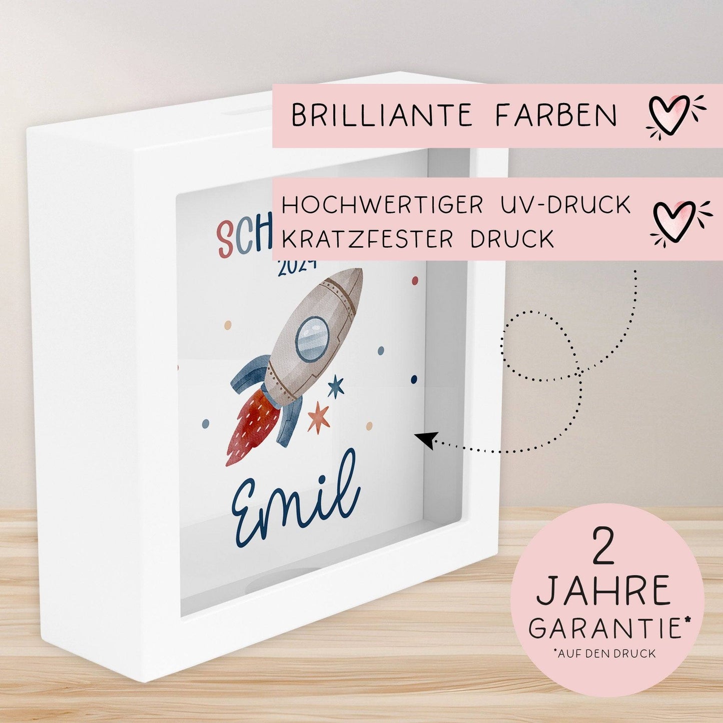 Einschulung Spardose Rakete Schulkind 2024 mit Wunschname Name Kind personalisiert Kinder Geburtstagsgeschenk mit Wunschtext kleinebuchstaben