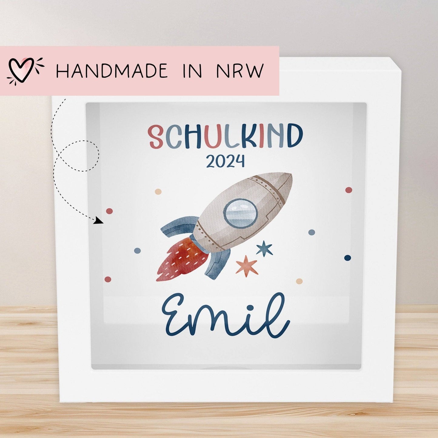 Einschulung Spardose Rakete Schulkind 2024 mit Wunschname Name Kind personalisiert Kinder Geburtstagsgeschenk mit Wunschtext kleinebuchstaben