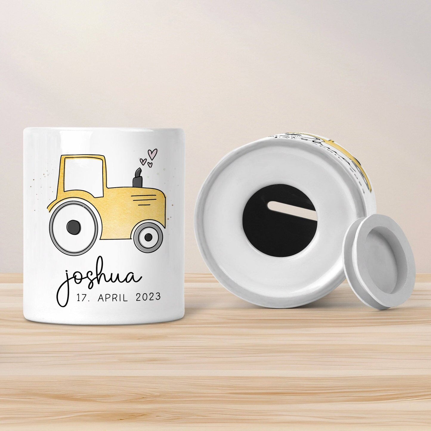 Gelber Traktor Personalisiert Spardose Trecker mit Wunschname - Sparschwein -Geschenk-Geburtstag-Weihnachten-Geldgeschenk mit Wunschtext kleinebuchstaben