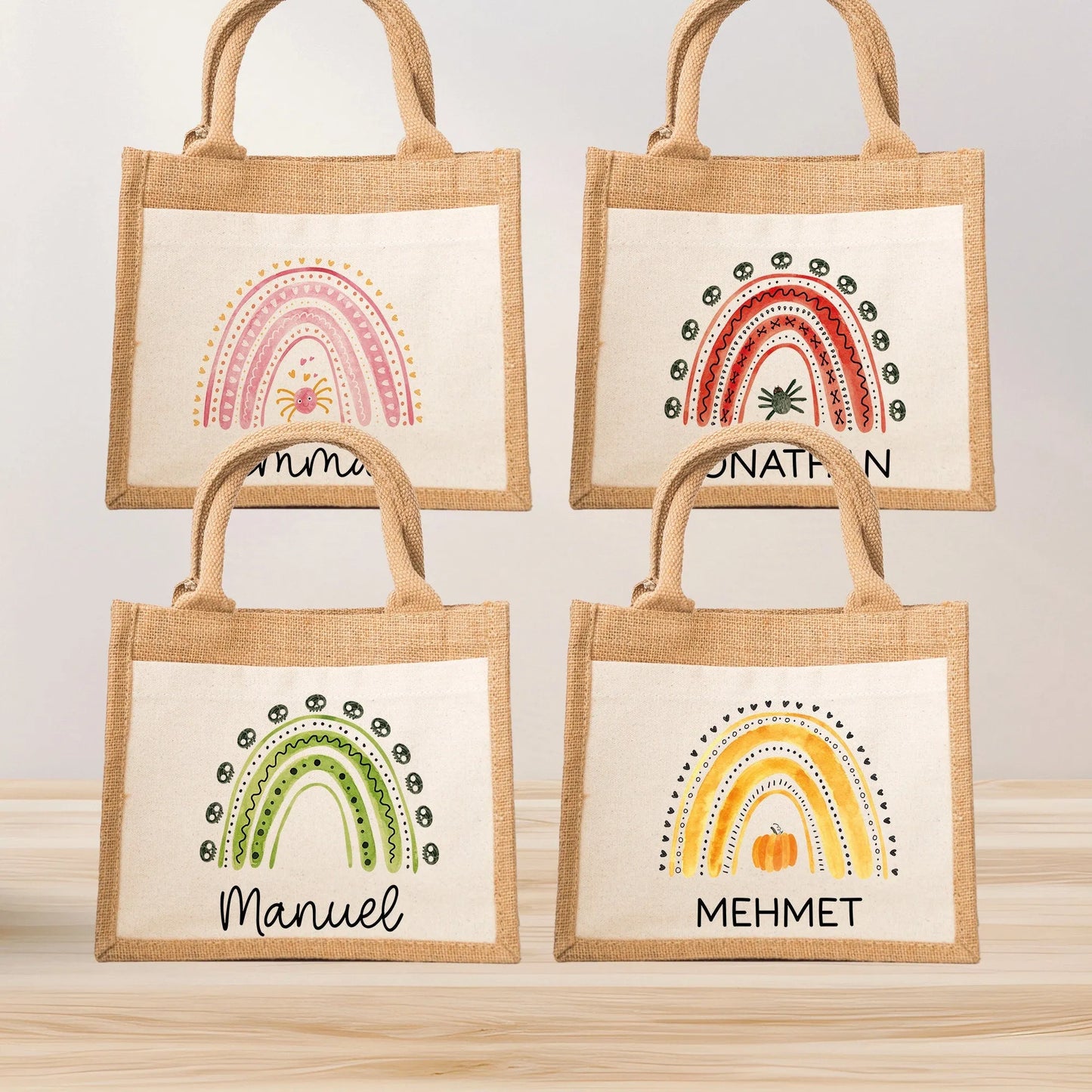 Halloween Bag Rainbow Wish Name made of Jute - Pink Red Green Yellow - Trick or Treat - Personalized - For children from 2 years Pocket kleinebuchstaben