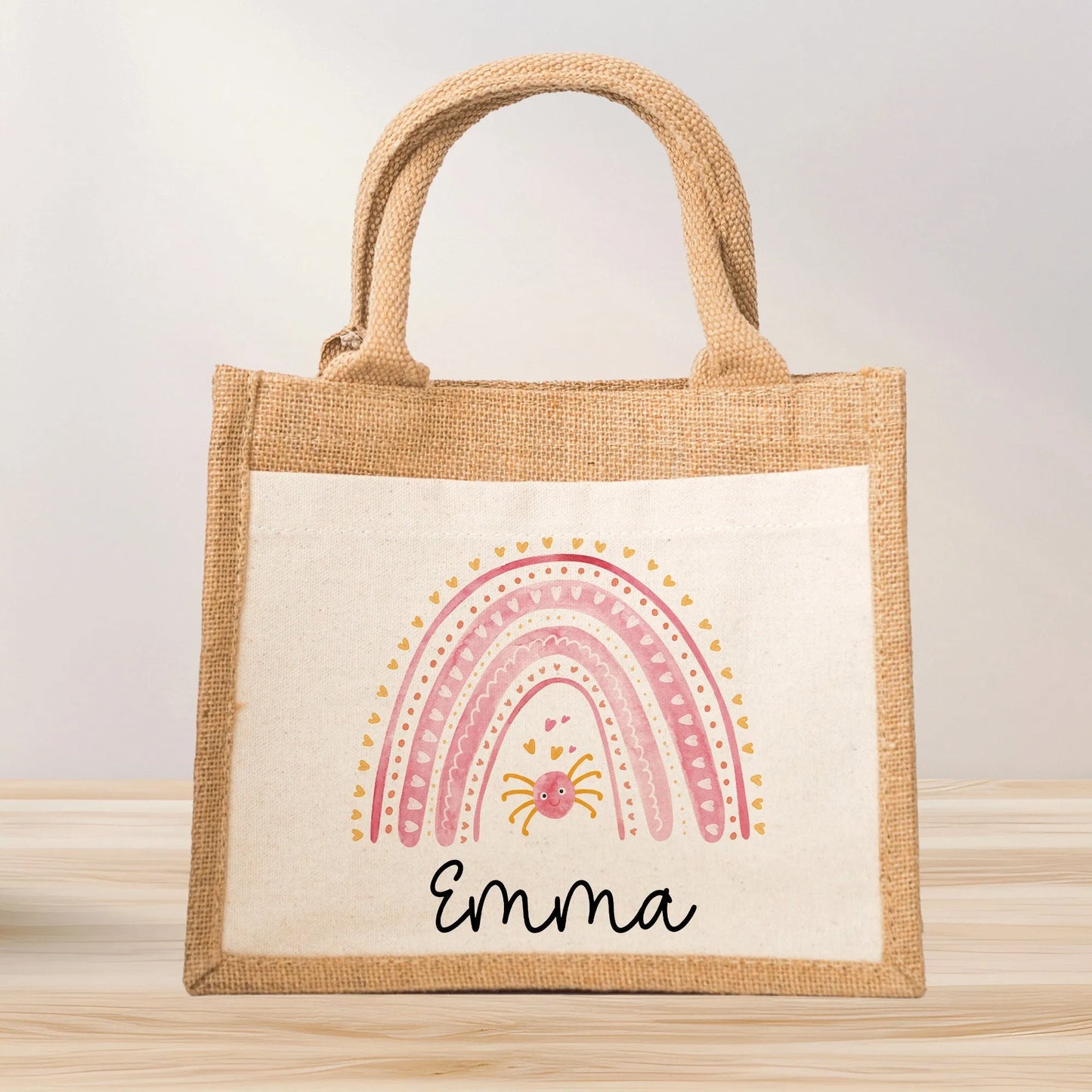 Halloween Bag Rainbow Wish Name made of Jute - Pink Red Green Yellow - Trick or Treat - Personalized - For children from 2 years Pocket kleinebuchstaben Regenbogen Rosa Schriftart 1