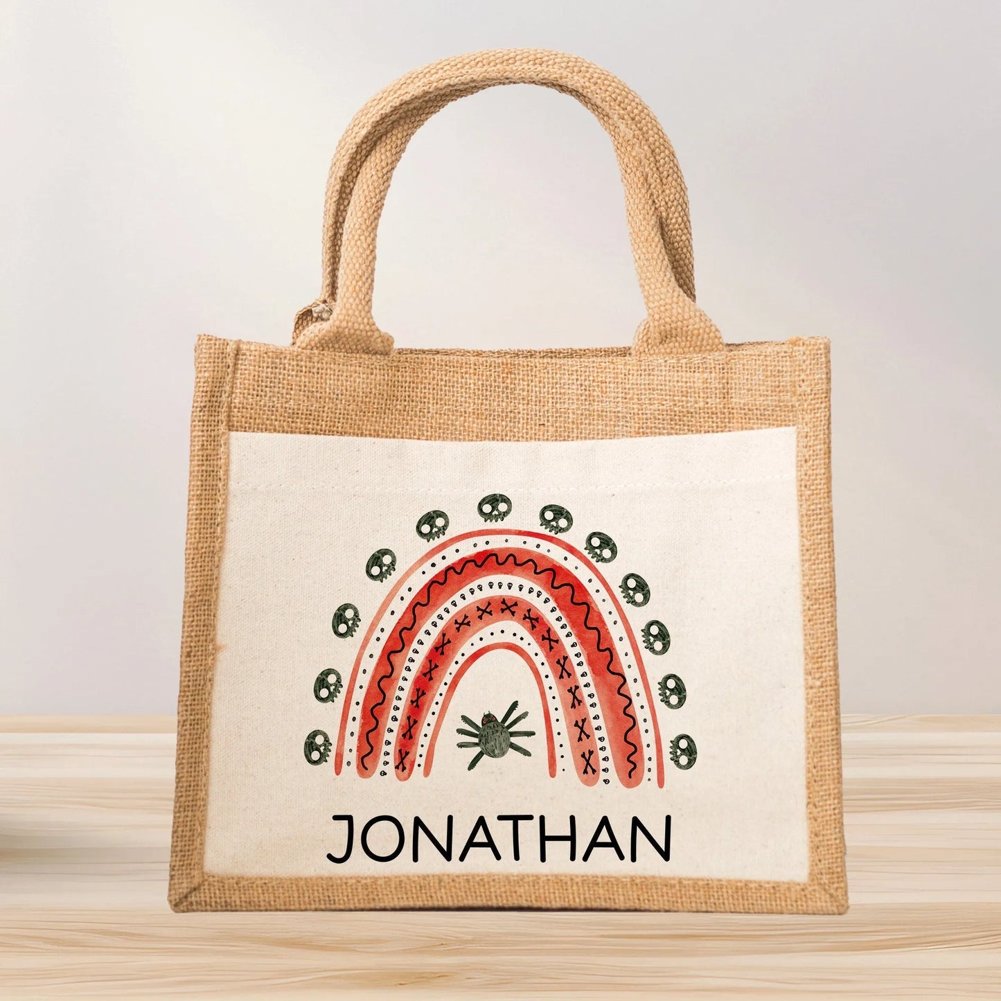 Halloween Bag Rainbow Wish Name made of Jute - Pink Red Green Yellow - Trick or Treat - Personalized - For children from 2 years Pocket kleinebuchstaben Regenbogen Rot Schriftart 1