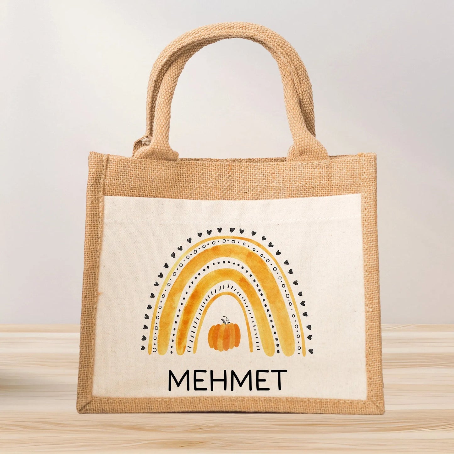 Halloween Bag Rainbow Wish Name made of Jute - Pink Red Green Yellow - Trick or Treat - Personalized - For children from 2 years Pocket kleinebuchstaben Regenbogen Gelb Schriftart 1