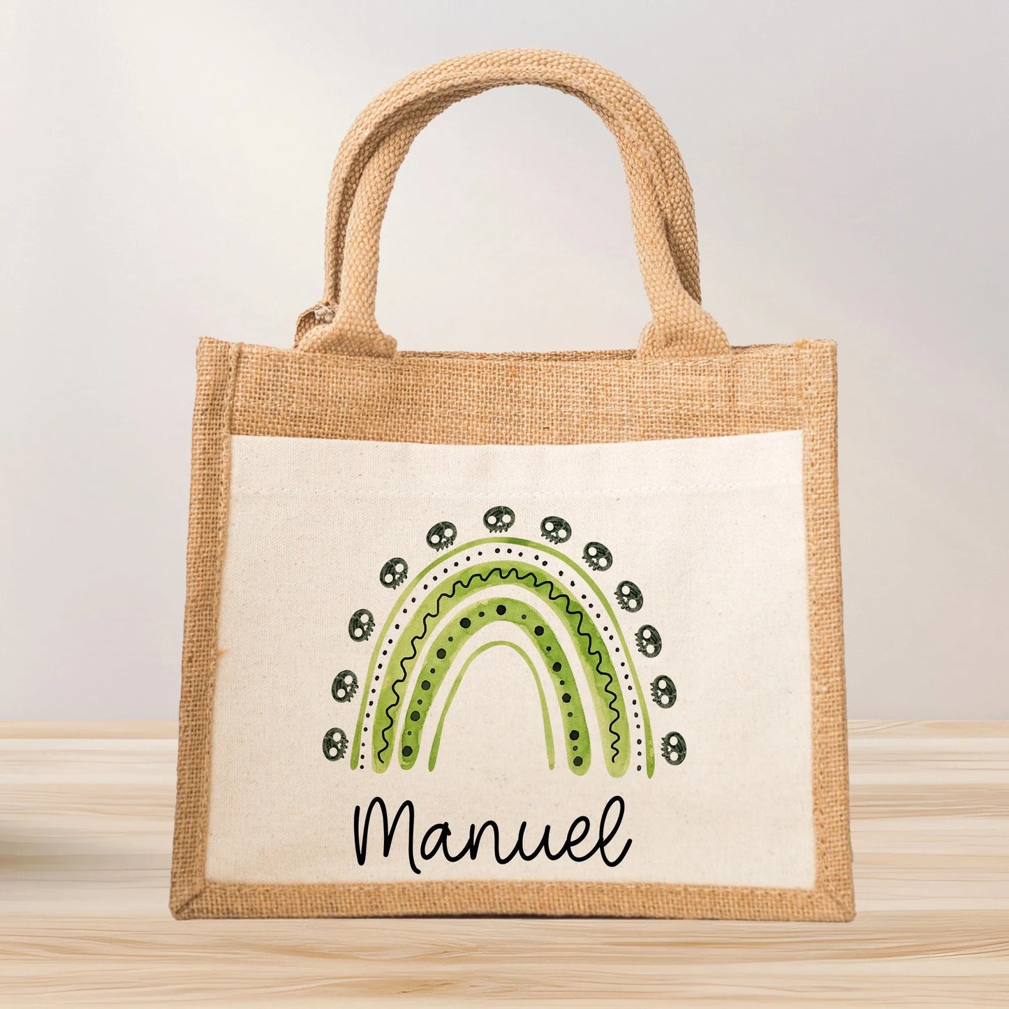 Halloween Bag Rainbow Wish Name made of Jute - Pink Red Green Yellow - Trick or Treat - Personalized - For children from 2 years Pocket kleinebuchstaben Regenbogen Grün Schriftart 1
