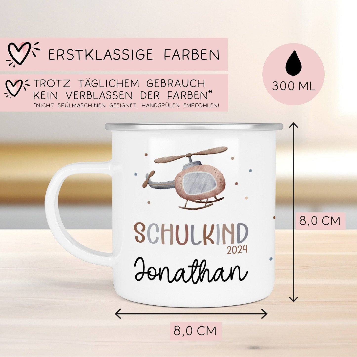 Hubschrauber Kindertasse Schulkind Name Emaille Tasse Kind Kindergeschirr personalisiert Kinder Geschenk Zahnputzbecher Geburtstagsgeschenk kleinebuchstaben
