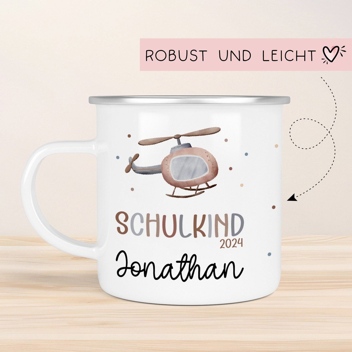 Hubschrauber Kindertasse Schulkind Name Emaille Tasse Kind Kindergeschirr personalisiert Kinder Geschenk Zahnputzbecher Geburtstagsgeschenk kleinebuchstaben