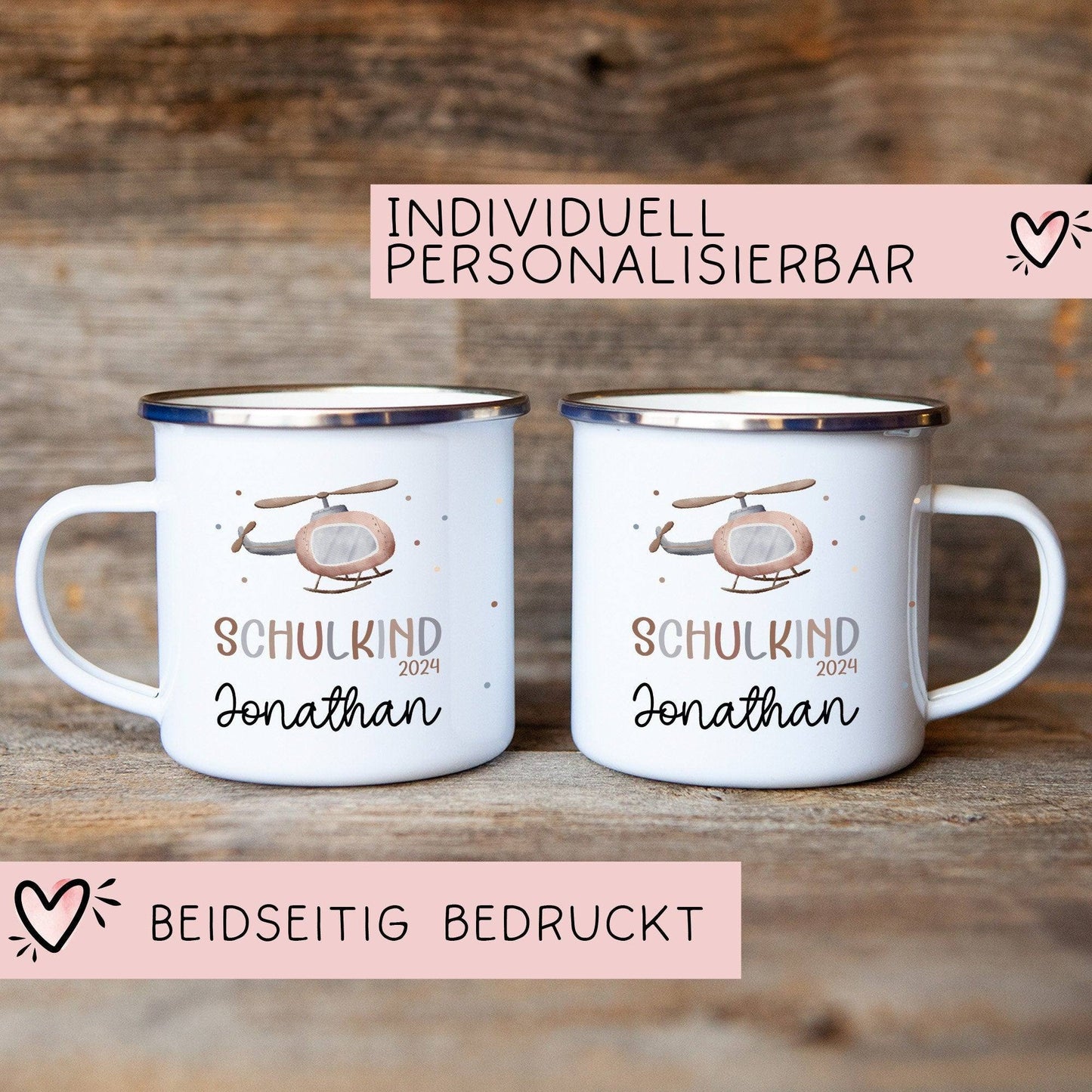 Hubschrauber Kindertasse Schulkind Name Emaille Tasse Kind Kindergeschirr personalisiert Kinder Geschenk Zahnputzbecher Geburtstagsgeschenk kleinebuchstaben