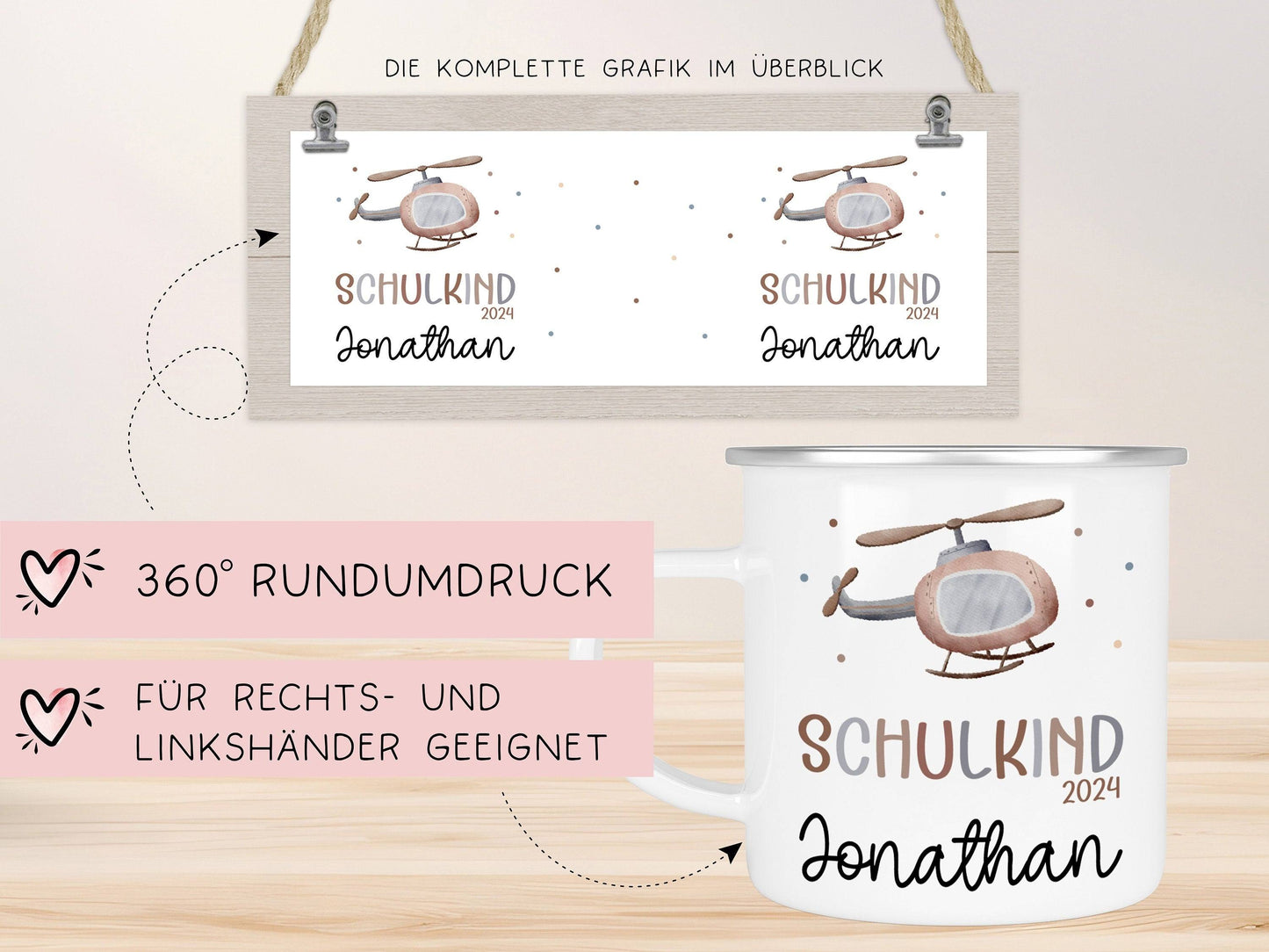 Hubschrauber Kindertasse Schulkind Name Emaille Tasse Kind Kindergeschirr personalisiert Kinder Geschenk Zahnputzbecher Geburtstagsgeschenk kleinebuchstaben