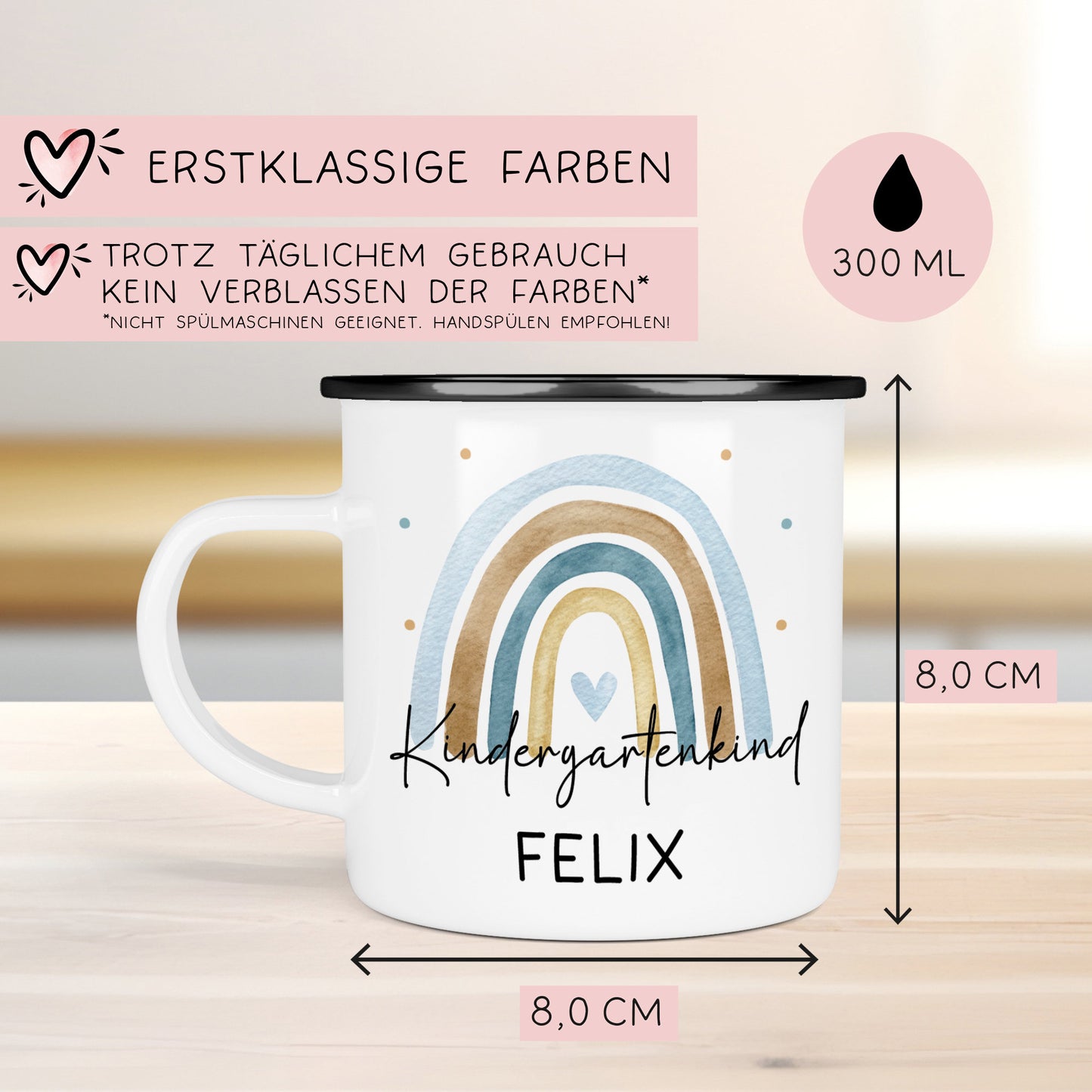 Kindergartenkind Geschenk zum Kindergartenstart Kindergartenkind Tasse Kita Start Tasse Kindergarten Personalisiert Emaille Tasse Becher kleinebuchstaben Regenbogen Blau Silber