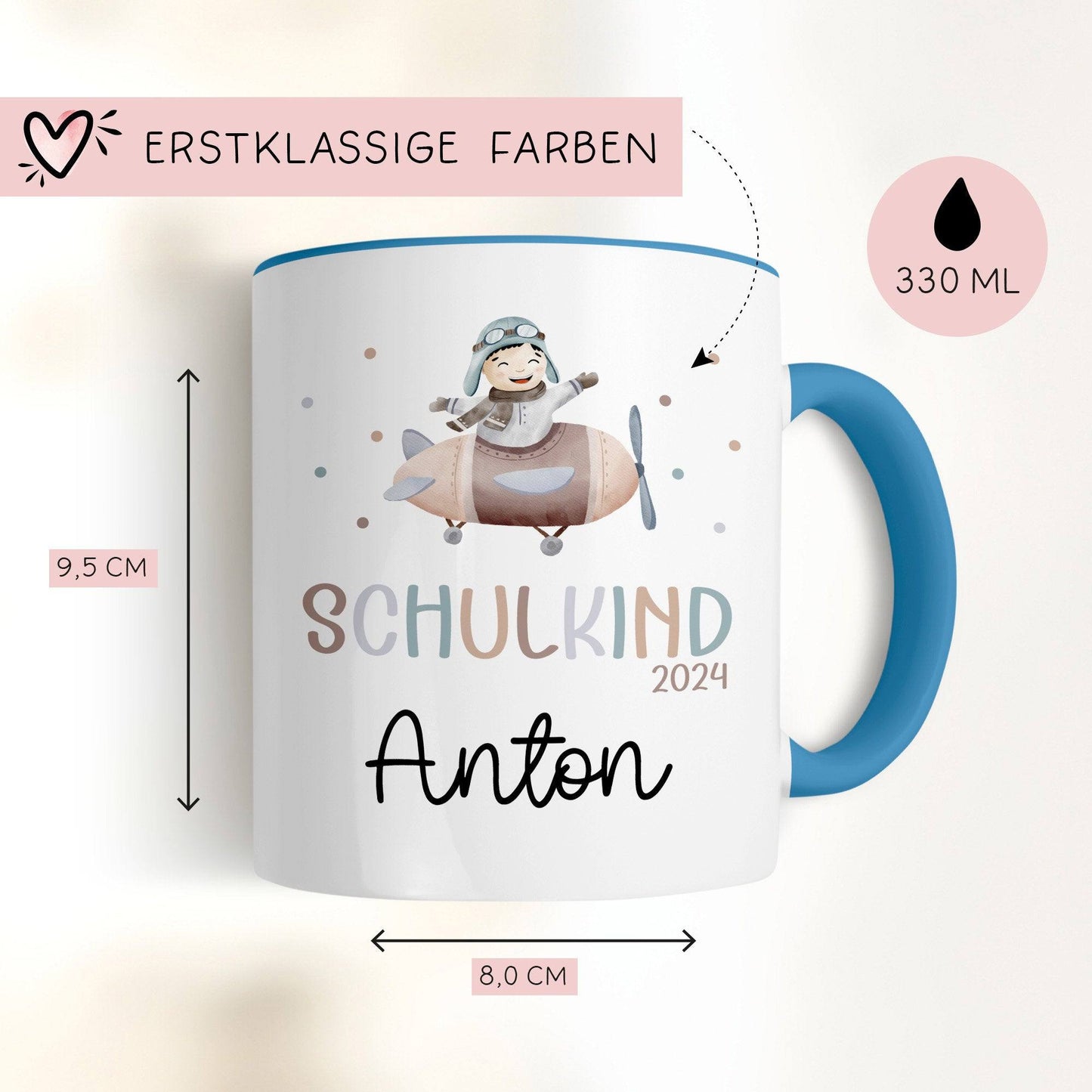 Kindertasse Schulkind 2024 mit Flugzeug-Motiv - personalisierte Kakao Tasse mit Namen - ideales Kindergeschirr - perfektes Geschenk Kinder kleinebuchstaben