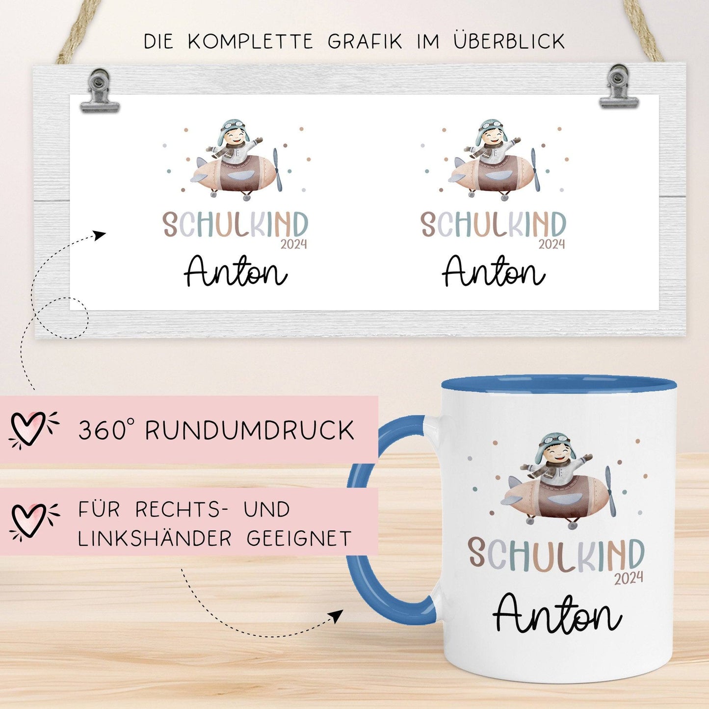 Kindertasse Schulkind 2024 mit Flugzeug-Motiv - personalisierte Kakao Tasse mit Namen - ideales Kindergeschirr - perfektes Geschenk Kinder kleinebuchstaben