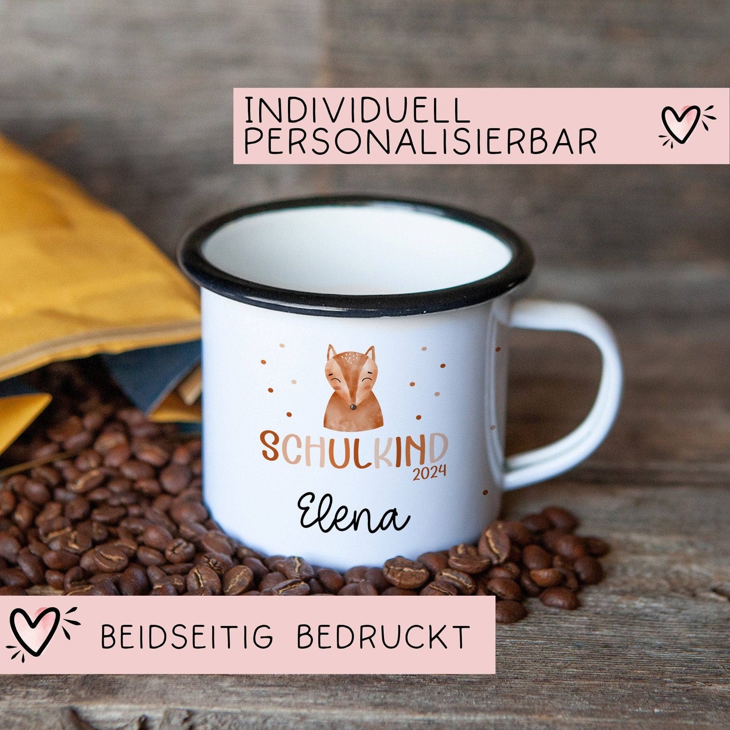 Kindertasse Schulkind 2024 mit Fuchs-Motiv - personalisierte Emaille-Tasse mit Namen - ideales Kindergeschirr Schulanfang kleinebuchstaben