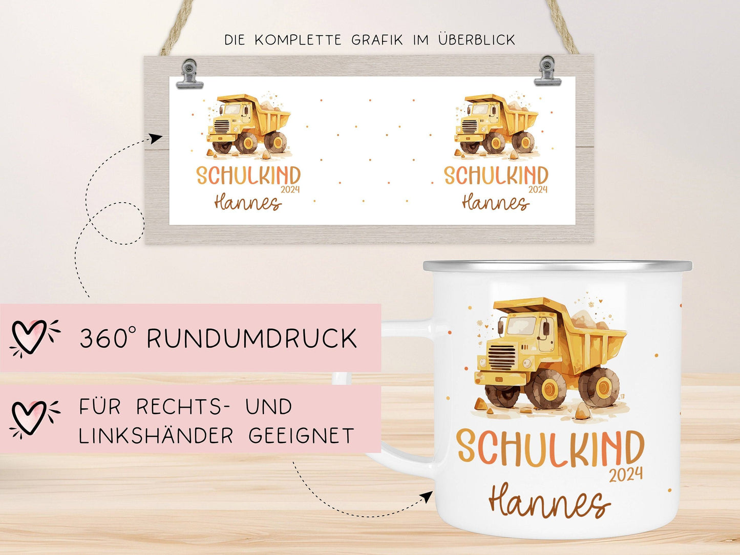 LKW Kipplaster Kindertasse Schulkind Name Emaille Tasse Kind Schulanfang personalisiert Kinder Geschenk Geburtstagsgeschenk kleinebuchstaben