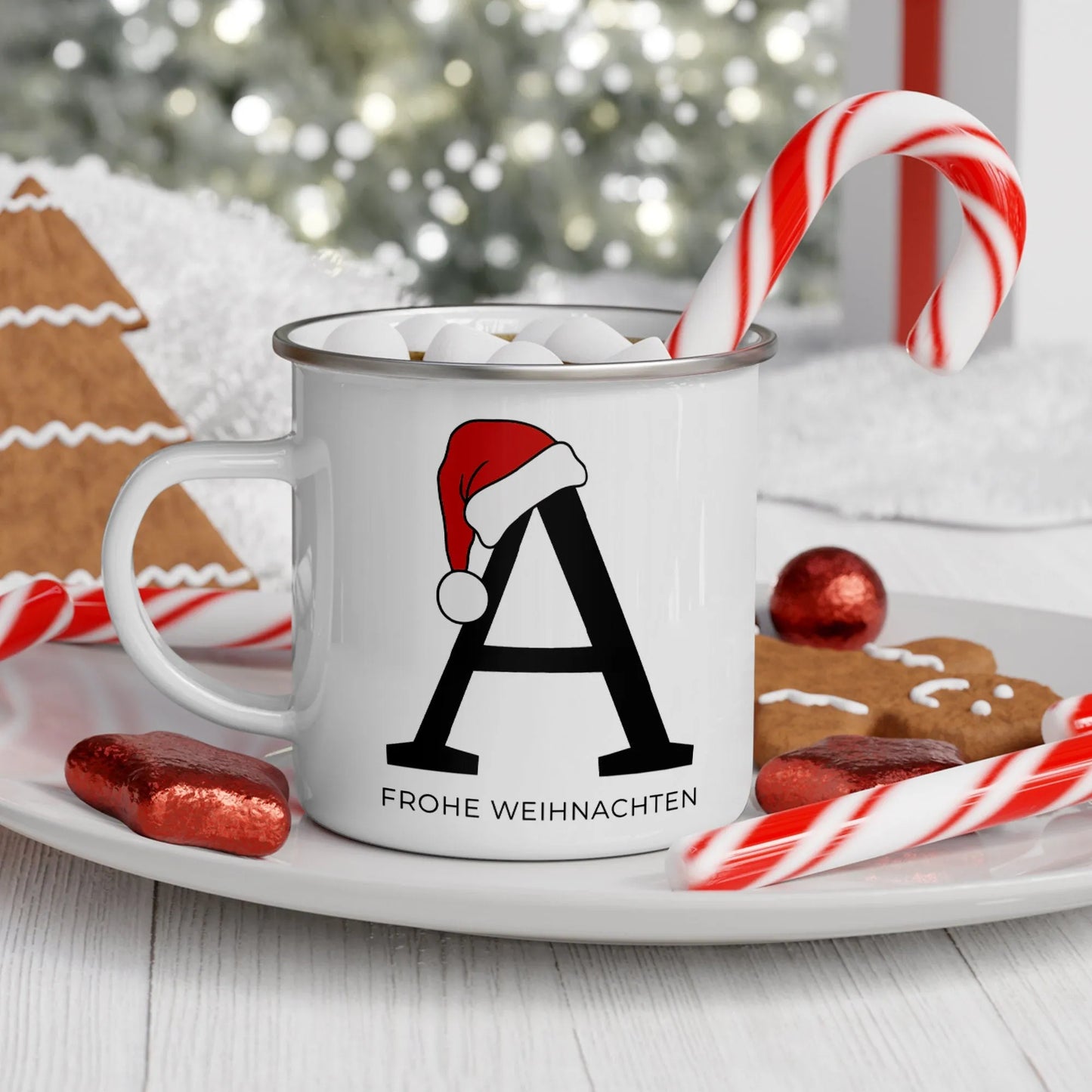 Personalisierte Emaille Tasse Weihnachten - Frohe Weihnachten - Merry Christmas - mit Anfangsbuchstabe und Wunschnamen - Nikolaus - Becher kleinebuchstaben Rand: Silber FROHE WEIHNACHTEN