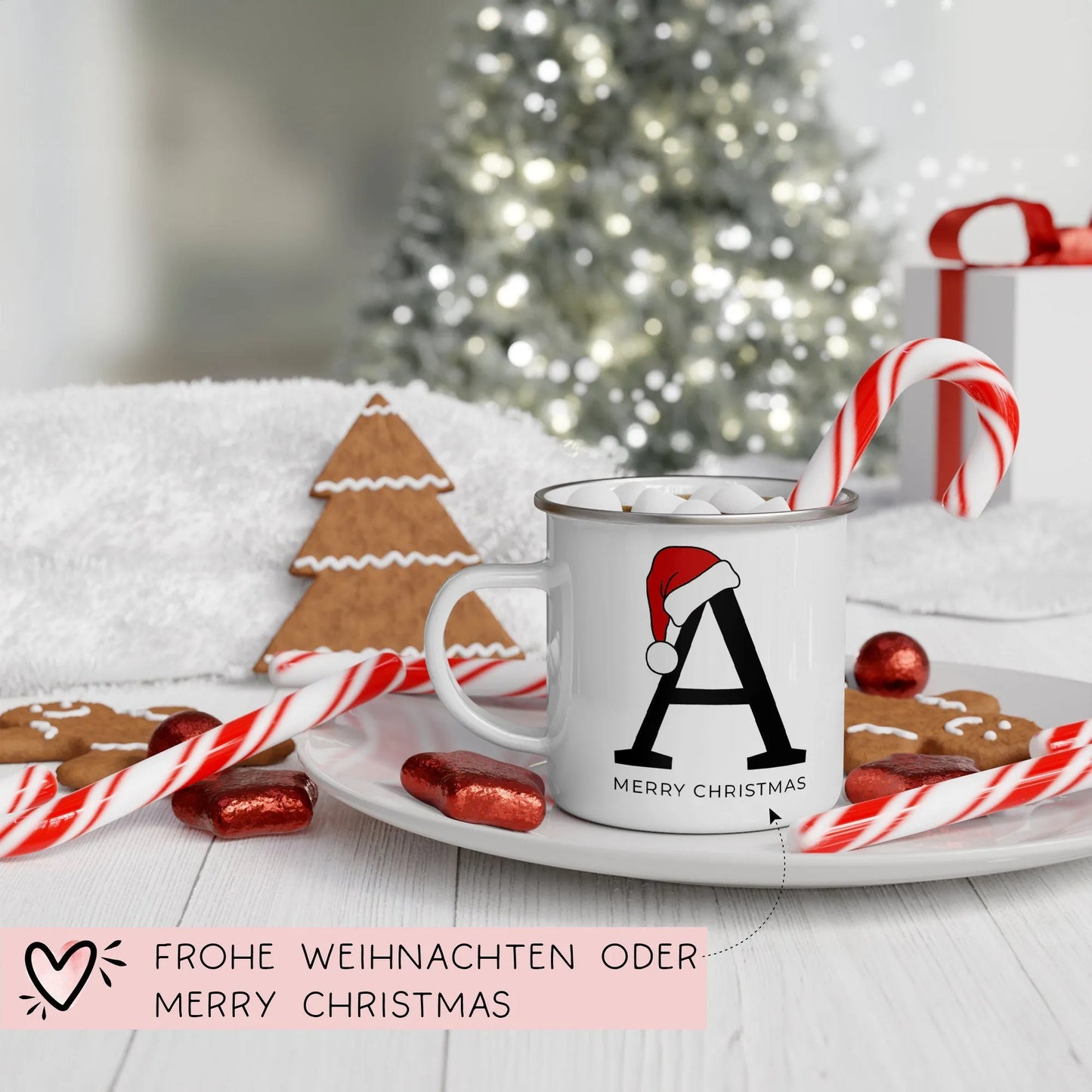 Personalisierte Emaille Tasse Weihnachten - Frohe Weihnachten - Merry Christmas - mit Anfangsbuchstabe und Wunschnamen - Nikolaus - Becher kleinebuchstaben