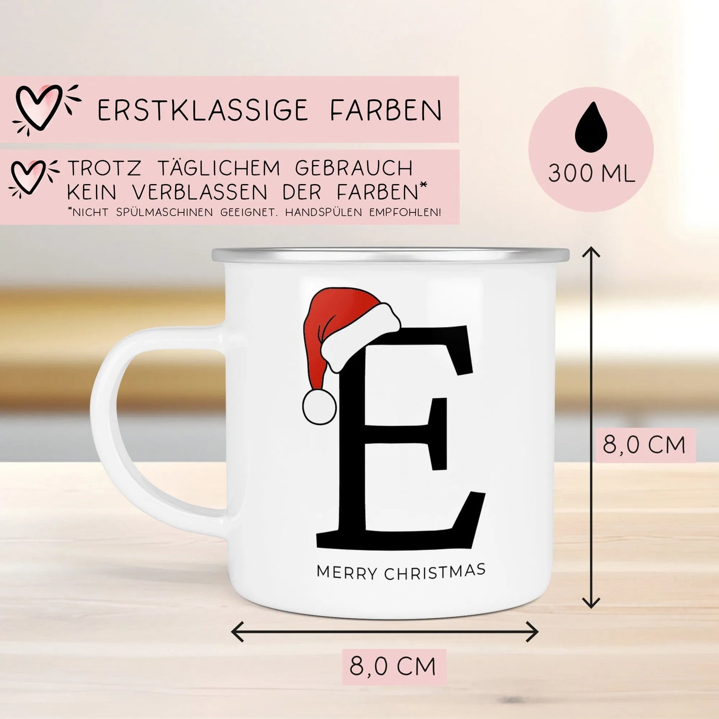 Personalisierte Emaille Tasse Weihnachten - Frohe Weihnachten - Merry Christmas - mit Anfangsbuchstabe und Wunschnamen - Nikolaus - Becher kleinebuchstaben