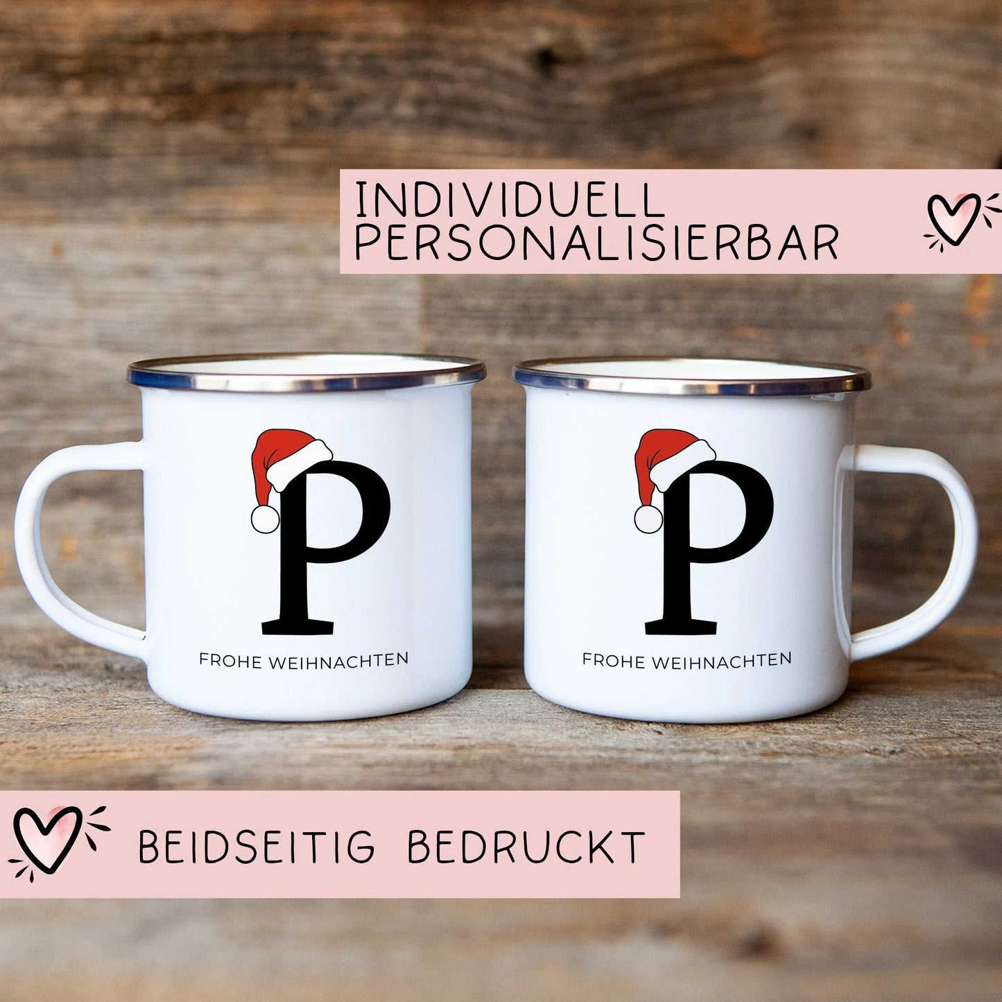 Personalisierte Emaille Tasse Weihnachten - Frohe Weihnachten - Merry Christmas - mit Anfangsbuchstabe und Wunschnamen - Nikolaus - Becher kleinebuchstaben