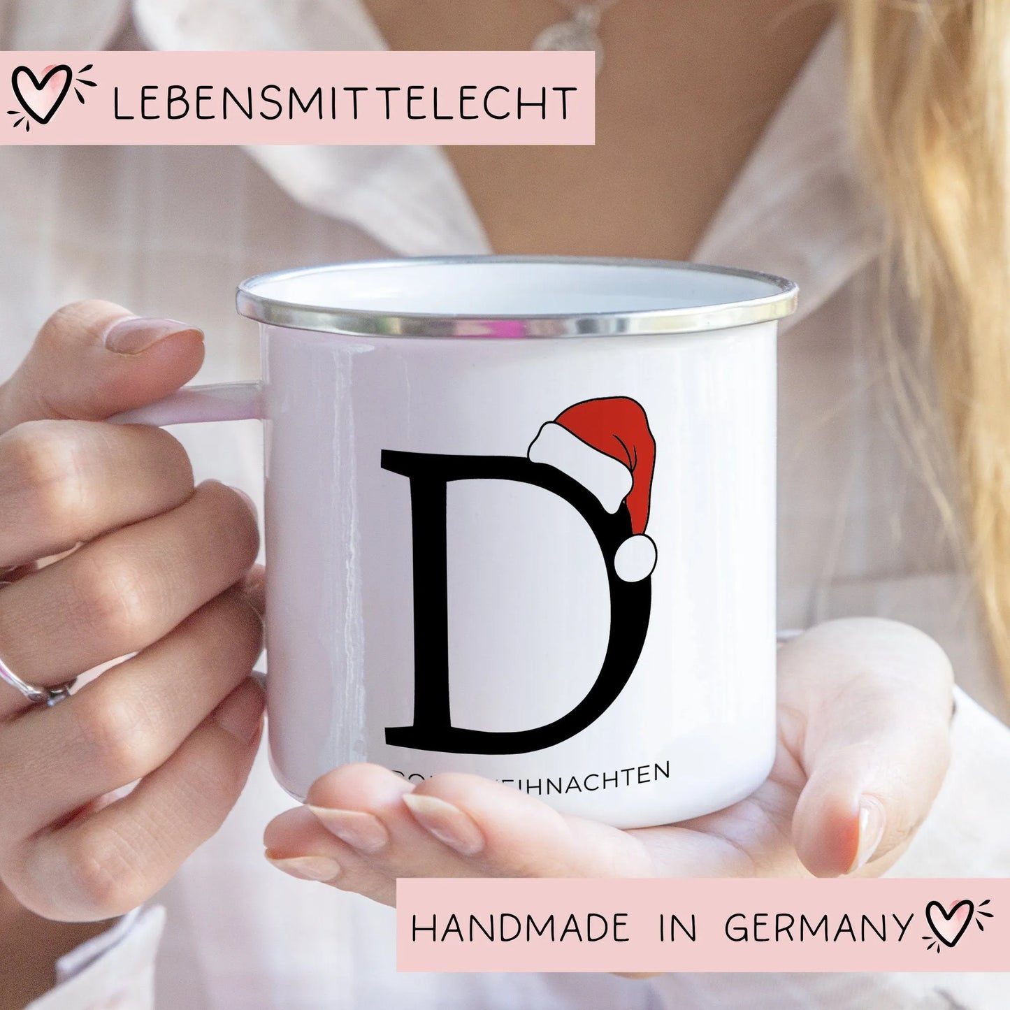 Personalisierte Emaille Tasse Weihnachten - Frohe Weihnachten - Merry Christmas - mit Anfangsbuchstabe und Wunschnamen - Nikolaus - Becher kleinebuchstaben