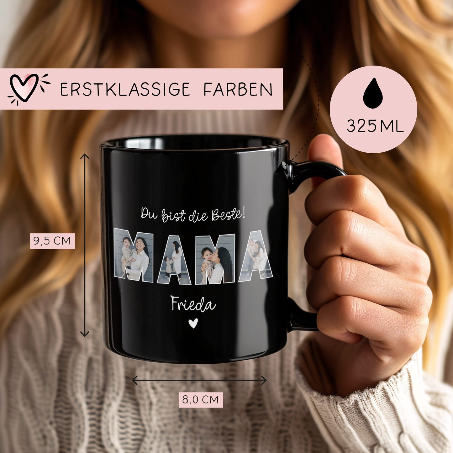 Personalisierte Foto Tasse Mama personalisiert zum Muttertag Weihnachten - Fototasse mit eigenen Bildern selbst gestalten - Geschenk - 325ml kleinebuchstaben