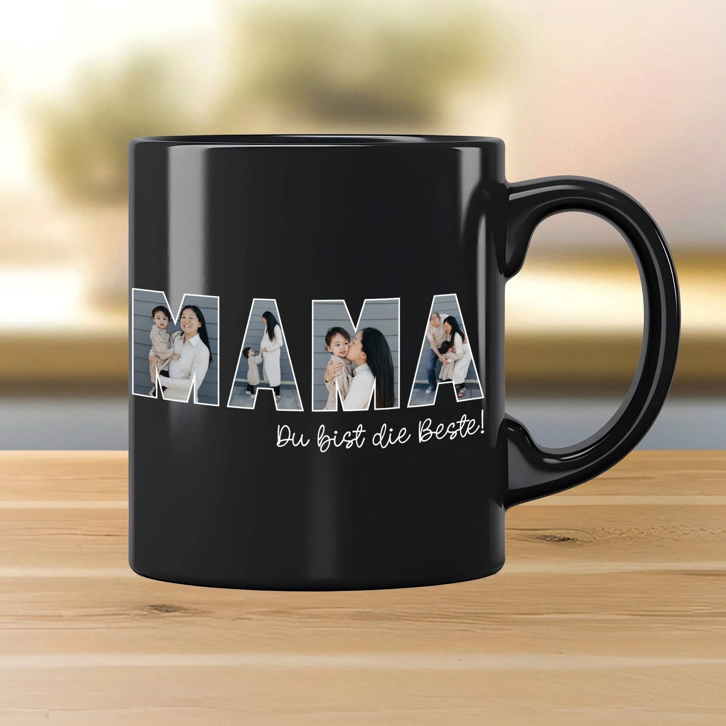 Personalisierte Foto Tasse Mama personalisiert zum Muttertag Weihnachten - Fototasse mit eigenen Bildern selbst gestalten - Geschenk - 325ml kleinebuchstaben ohne Namen Komplett Schwarz