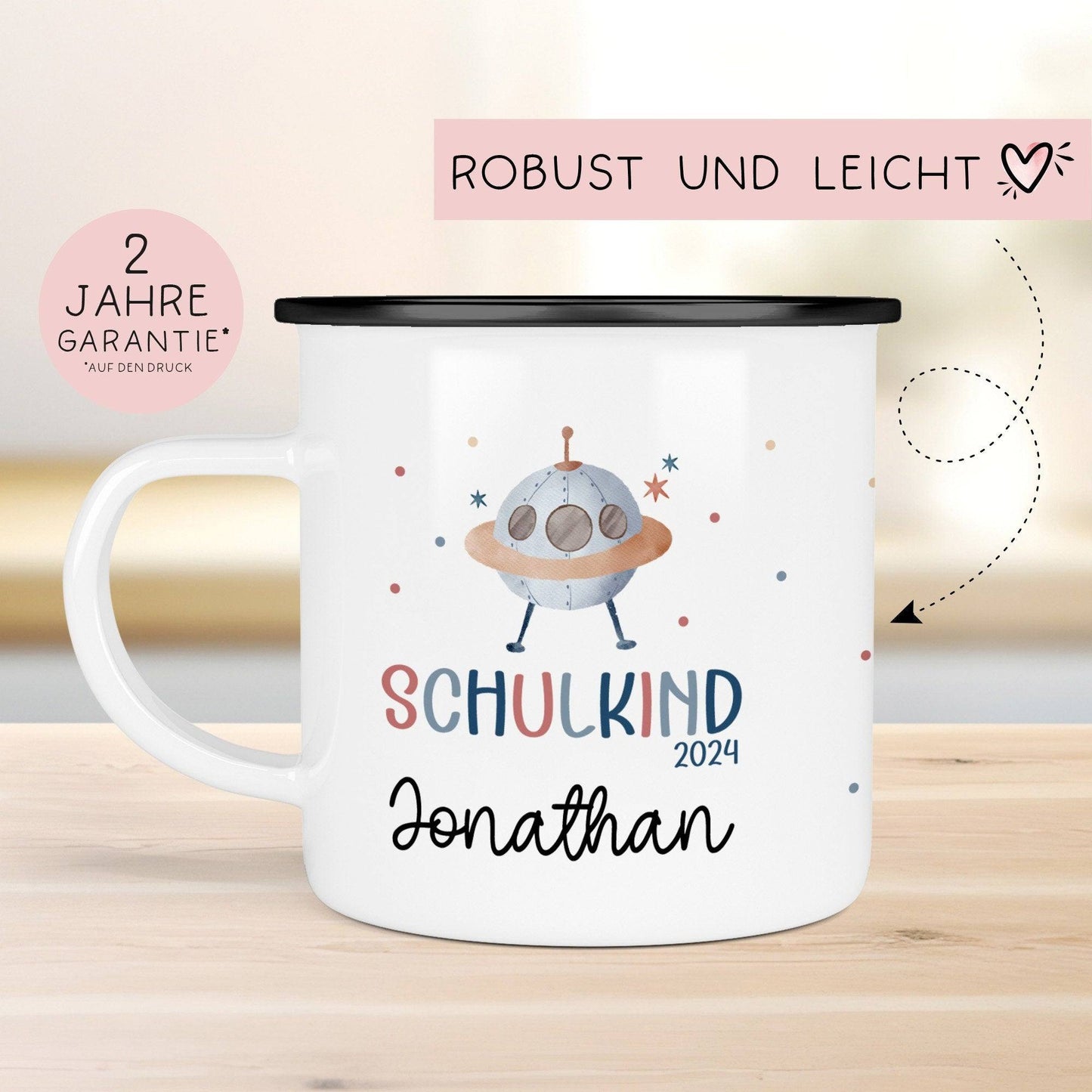 Schulanfang Kindertasse Schulkind 2024 mit UFO-Weltraum-Motiv - personalisierte Emaille-Tasse mit Namen - ideales Einschulungsgeschenk kleinebuchstaben