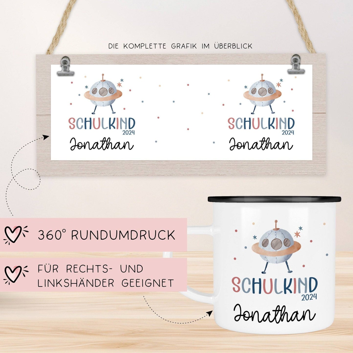 Schulanfang Kindertasse Schulkind 2024 mit UFO-Weltraum-Motiv - personalisierte Emaille-Tasse mit Namen - ideales Einschulungsgeschenk kleinebuchstaben