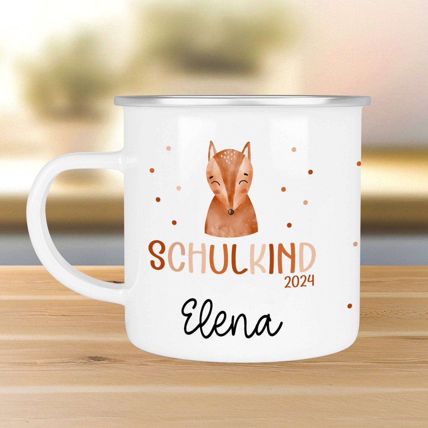 Schulanfang Kindertasse Schulkind Fuchs Name Emaille Tasse Kind Kindergeschirr personalisiert Kinder Geschenk Geburtstagsgeschenk kleinebuchstaben