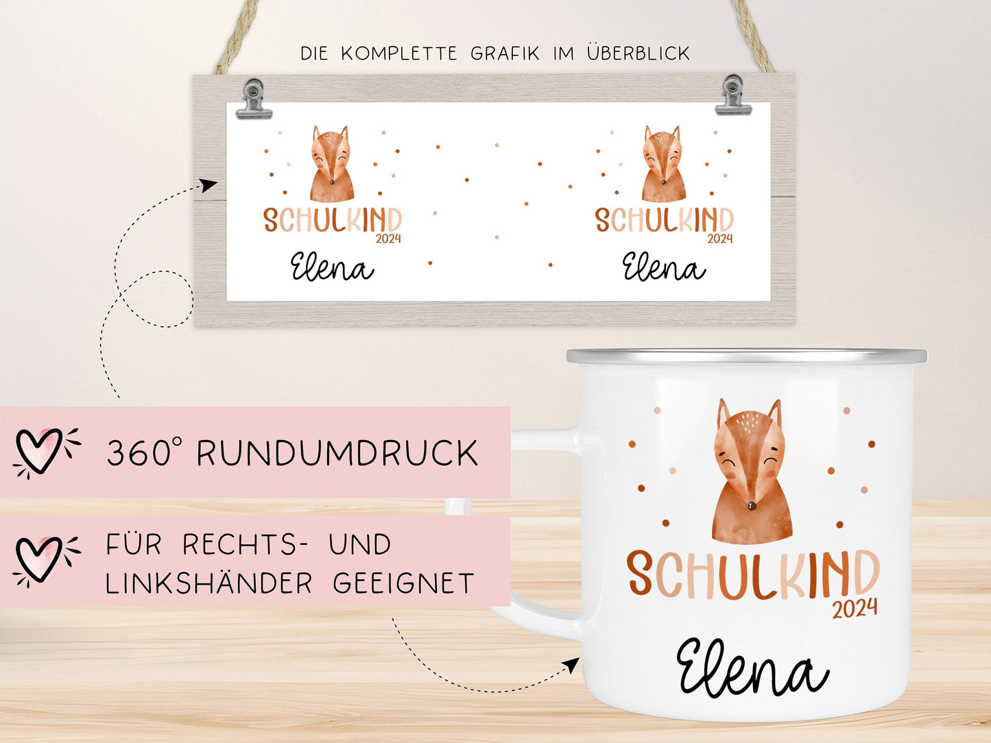 Schulanfang Kindertasse Schulkind Fuchs Name Emaille Tasse Kind Kindergeschirr personalisiert Kinder Geschenk Geburtstagsgeschenk kleinebuchstaben