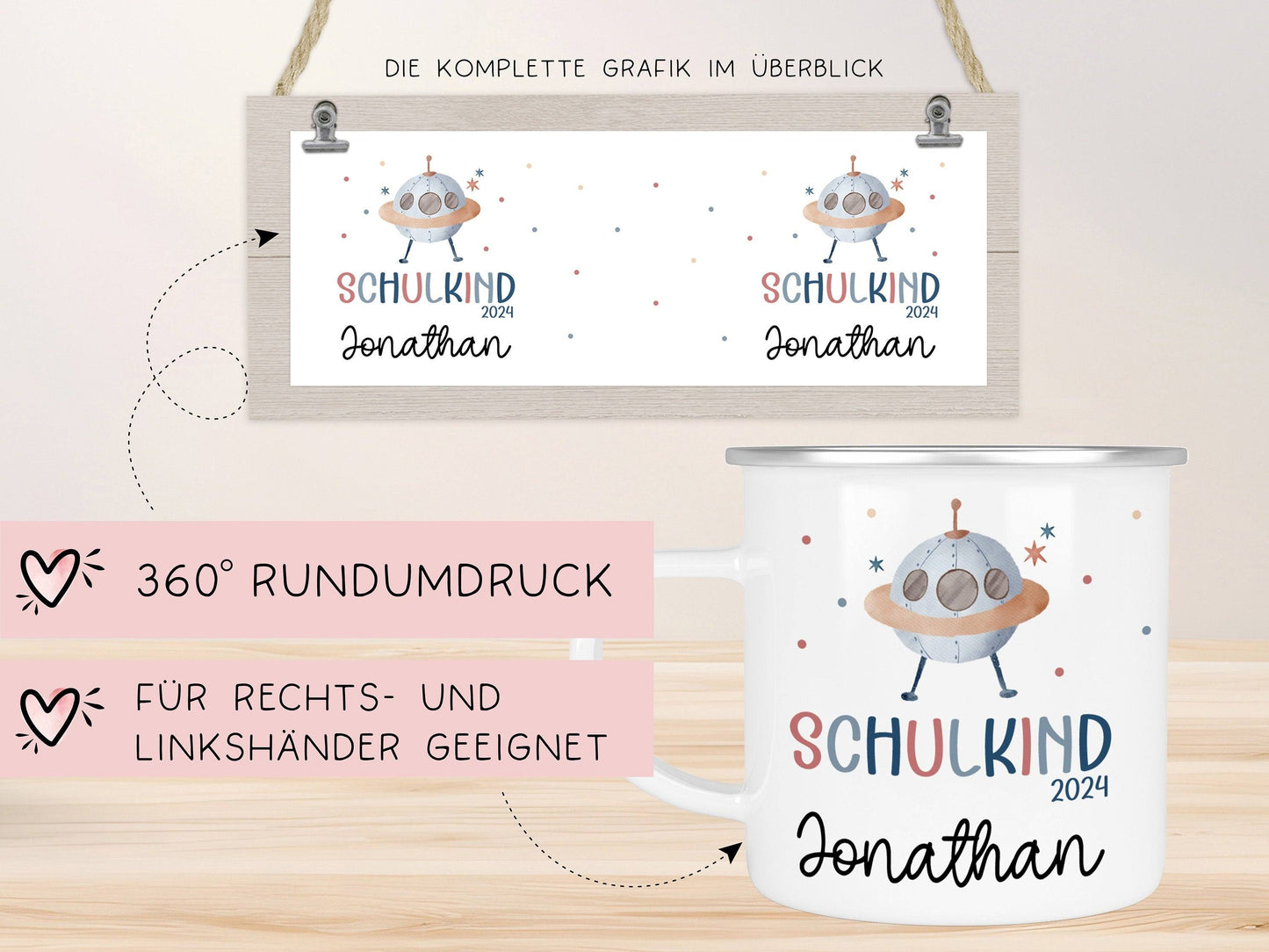 Schulanfang Ufo Weltraum Kindertasse Schulkind Name Emaille Tasse Kind Kindergeschirr personalisiert Kinder Geschenk kleinebuchstaben