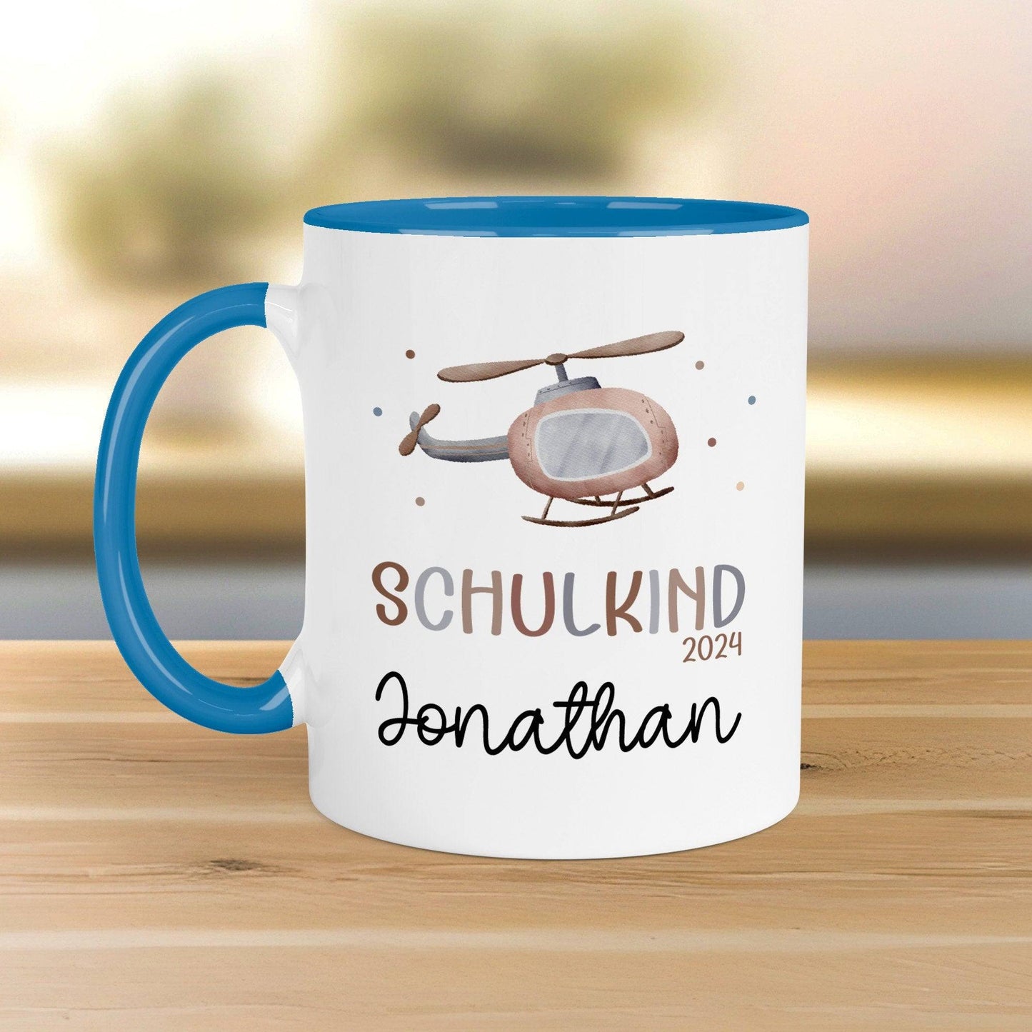 Schulkind 2024 Kindertasse Hubschrauber-Motiv - personalisierte Kakao Tasse mit Namen - ideales Kindergeschirr - perfektes Geschenk Kinder kleinebuchstaben