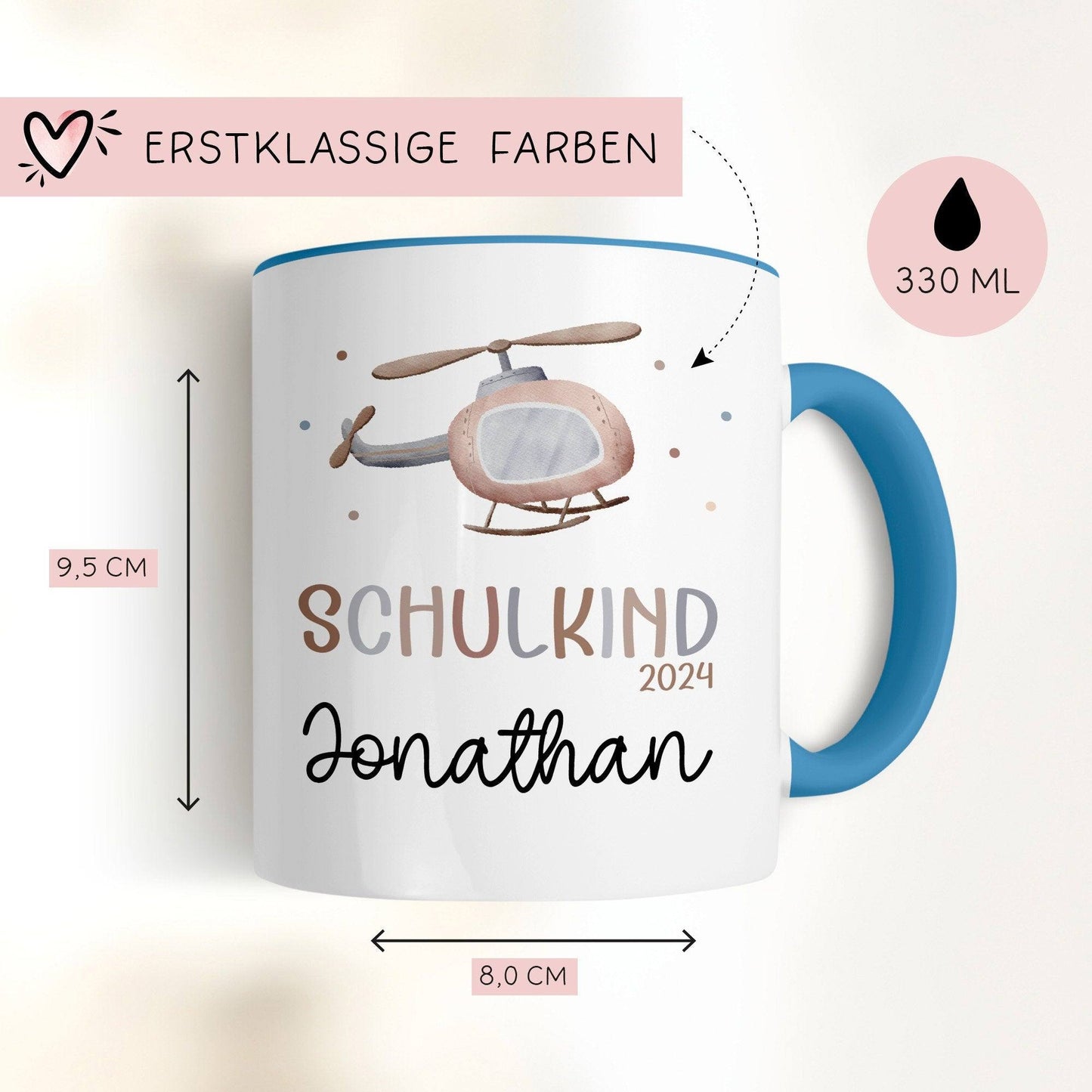 Schulkind 2024 Kindertasse Hubschrauber-Motiv - personalisierte Kakao Tasse mit Namen - ideales Kindergeschirr - perfektes Geschenk Kinder kleinebuchstaben