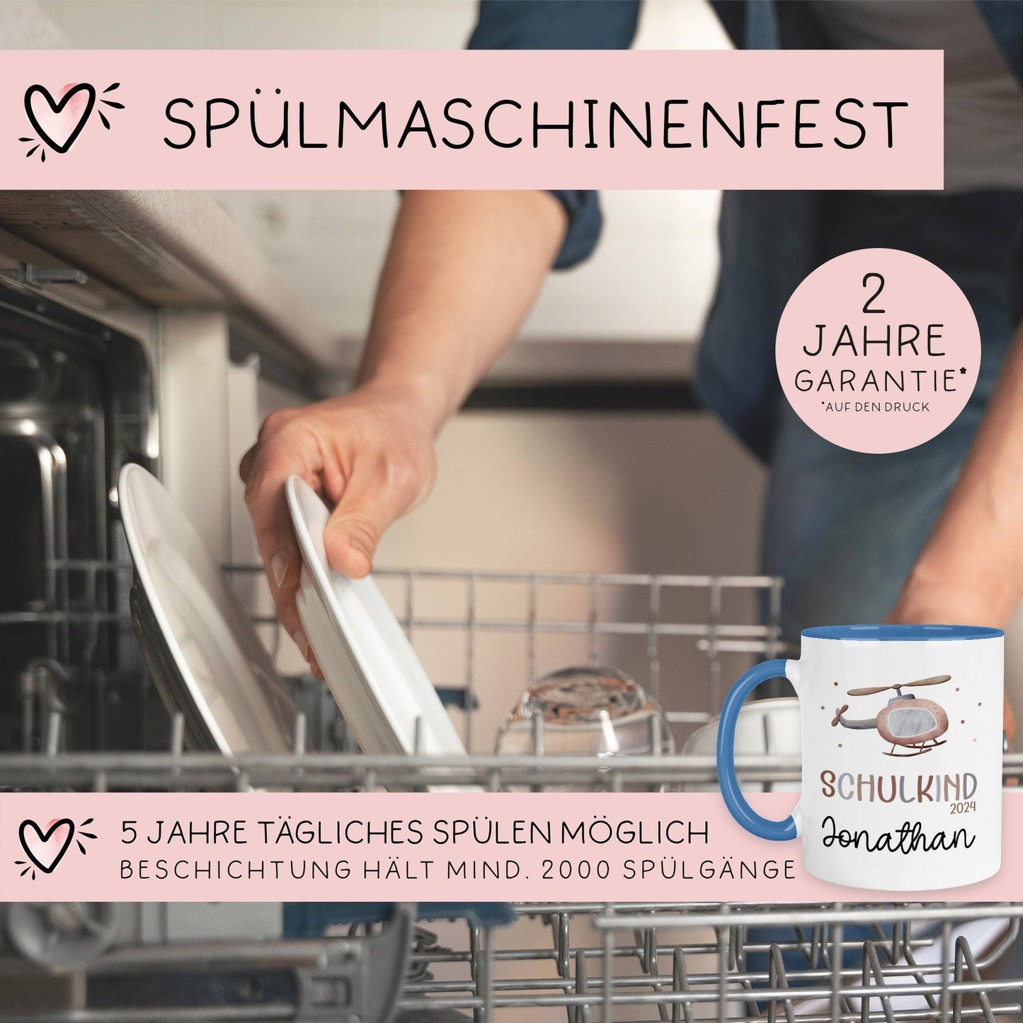 Schulkind 2024 Kindertasse Hubschrauber-Motiv - personalisierte Kakao Tasse mit Namen - ideales Kindergeschirr - perfektes Geschenk Kinder kleinebuchstaben