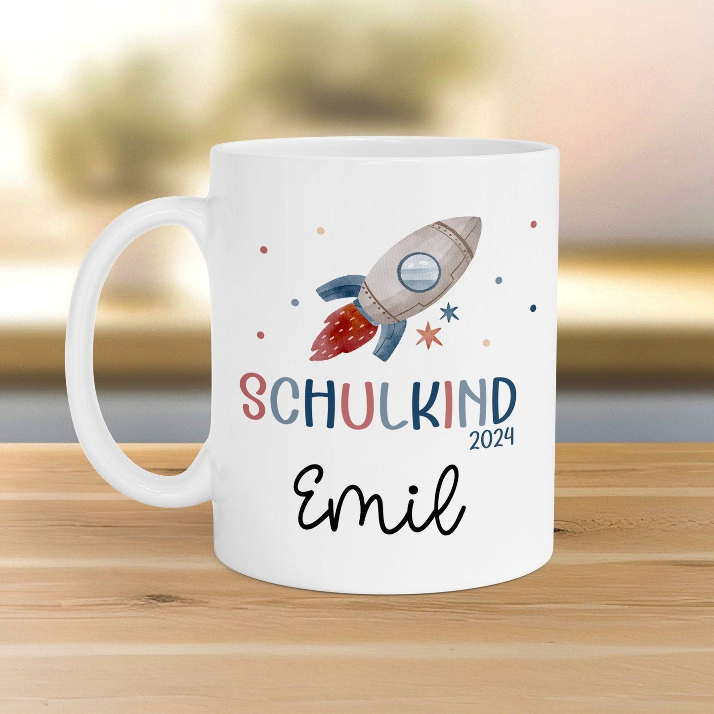 Schulkind 2024 Rakete Tasse Personalisiert mit Wunschnamen Kindertasse mit Namen zur Einschulung kleinebuchstaben Tasse Weiß