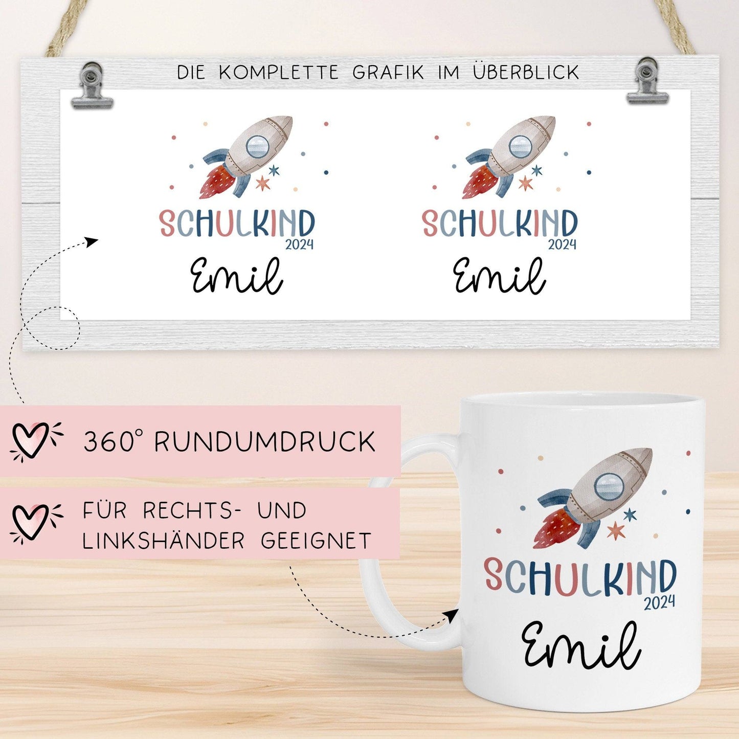 Schulkind 2024 Rakete Tasse Personalisiert mit Wunschnamen Kindertasse mit Namen zur Einschulung kleinebuchstaben