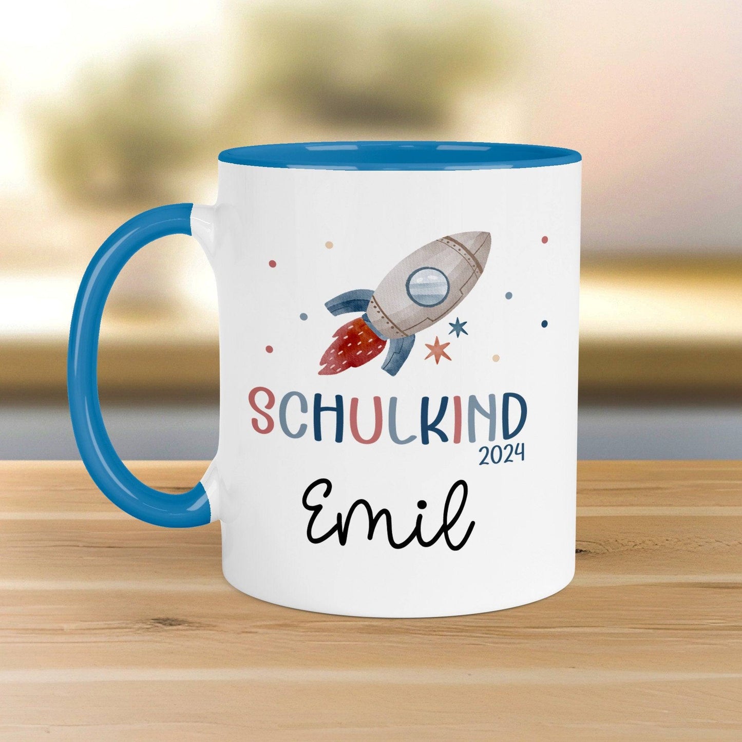 Schulkind 2024 Rakete Tasse Personalisiert mit Wunschnamen Kindertasse mit Namen zur Einschulung kleinebuchstaben Tasse Blau
