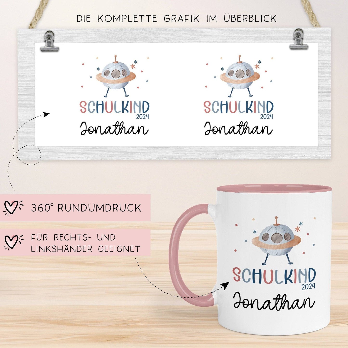 Schulkind 2024 Tasse Einschulungsgeschenk mit UFO-Weltraum-Motiv Kindertasse - personalisierte Kakao Tasse mit Namen kleinebuchstaben