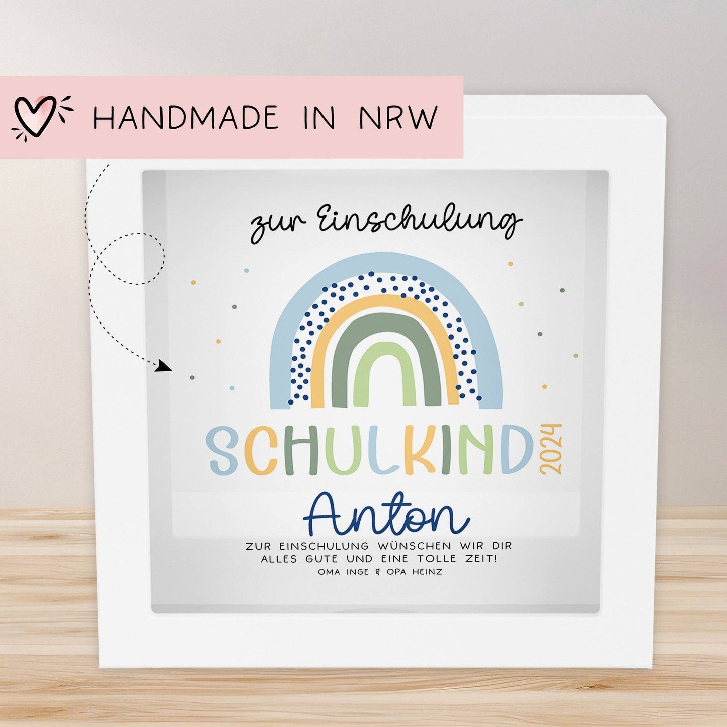 Spardose Regenbogen Blau Boho Schulkind 2024 Einschulung mit Wunschname Name Kind personalisiert Kinder mit optionalen Wunschtext kleinebuchstaben