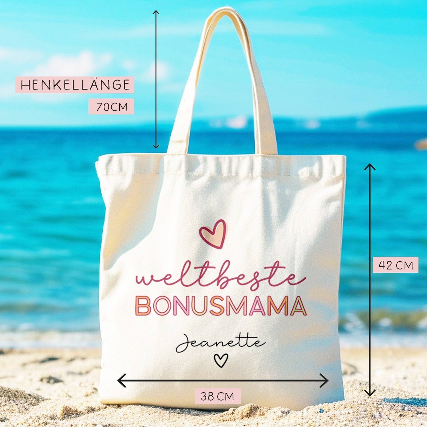 Weltbeste Bonus Mama Tasche Stoffbeutel - mit Wunschname - Einkaufstasche - Bonusmama Mutterliebe Geschenkidee Muttertag - Personalisiert kleinebuchstaben