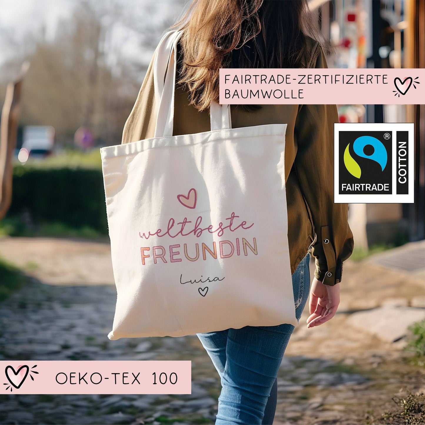 Weltbeste Freundin Tasche Stoffbeutel - mit Wunschname - Einkaufstasche - Beste Freundin BFF Geschenkidee Geburtstag - Personalisiert kleinebuchstaben