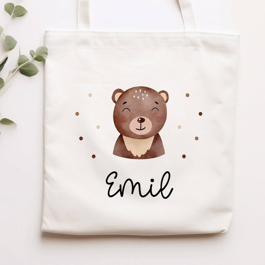 Brauner Bär Stofftasche Einkaufstasche Kinder-Beutel mit Namen als Sporttasche, Wechselwäsche, Tragetasche -für Kita Schule & Kindergarten  kleinebuchstaben