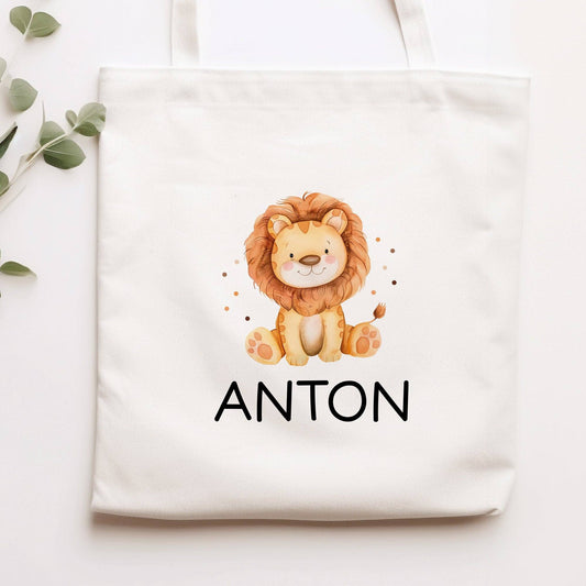 Einschulung Stofftasche mit Namen Löwe personalisiert Kinder-Beutel als Sporttasche, Wechselwäsche, Stoffbeutel -Kita, Schule & Kindergarten  kleinebuchstaben
