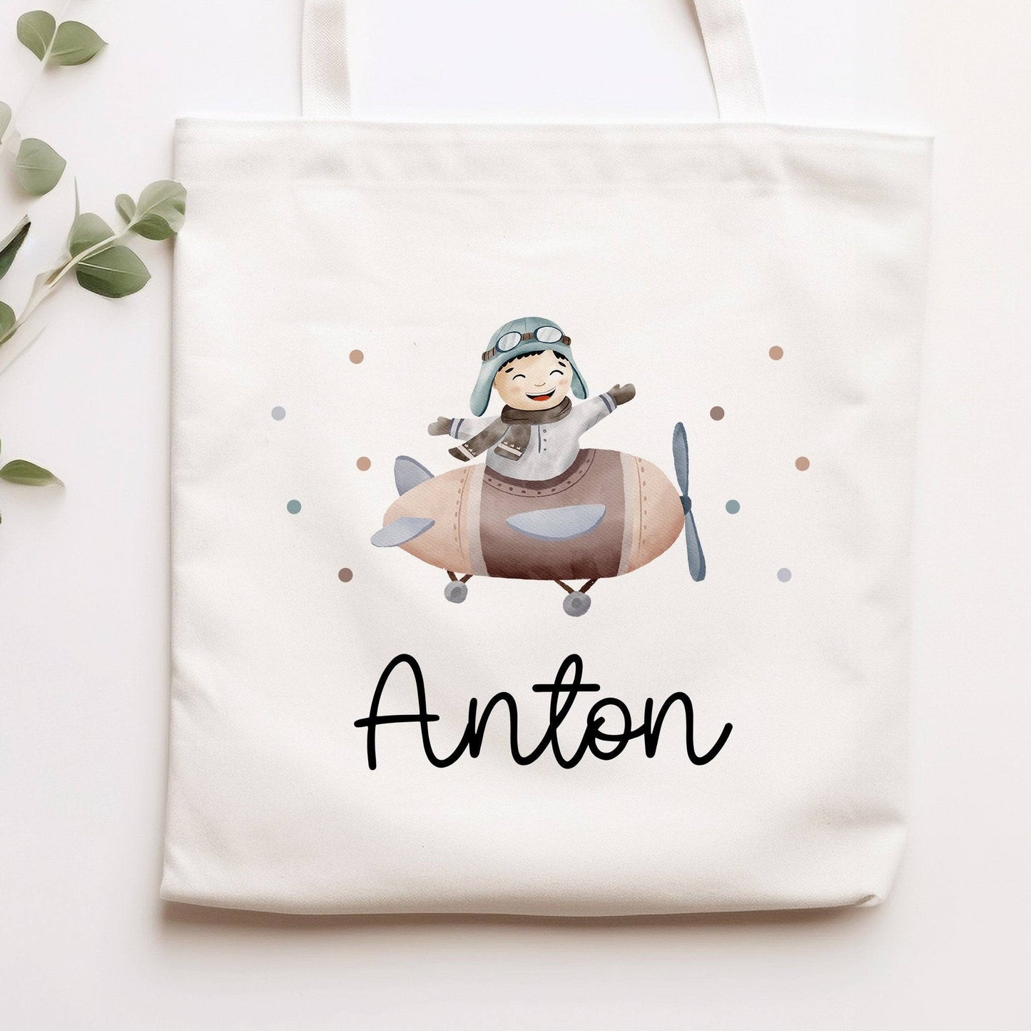 Flugzeug Stofftasche Tasche Kinder-Beutel mit Namen Wunschname als Sporttasche, Wechselwäsche, Tragetasche -für Kita Schule & Kindergarten kleinebuchstaben