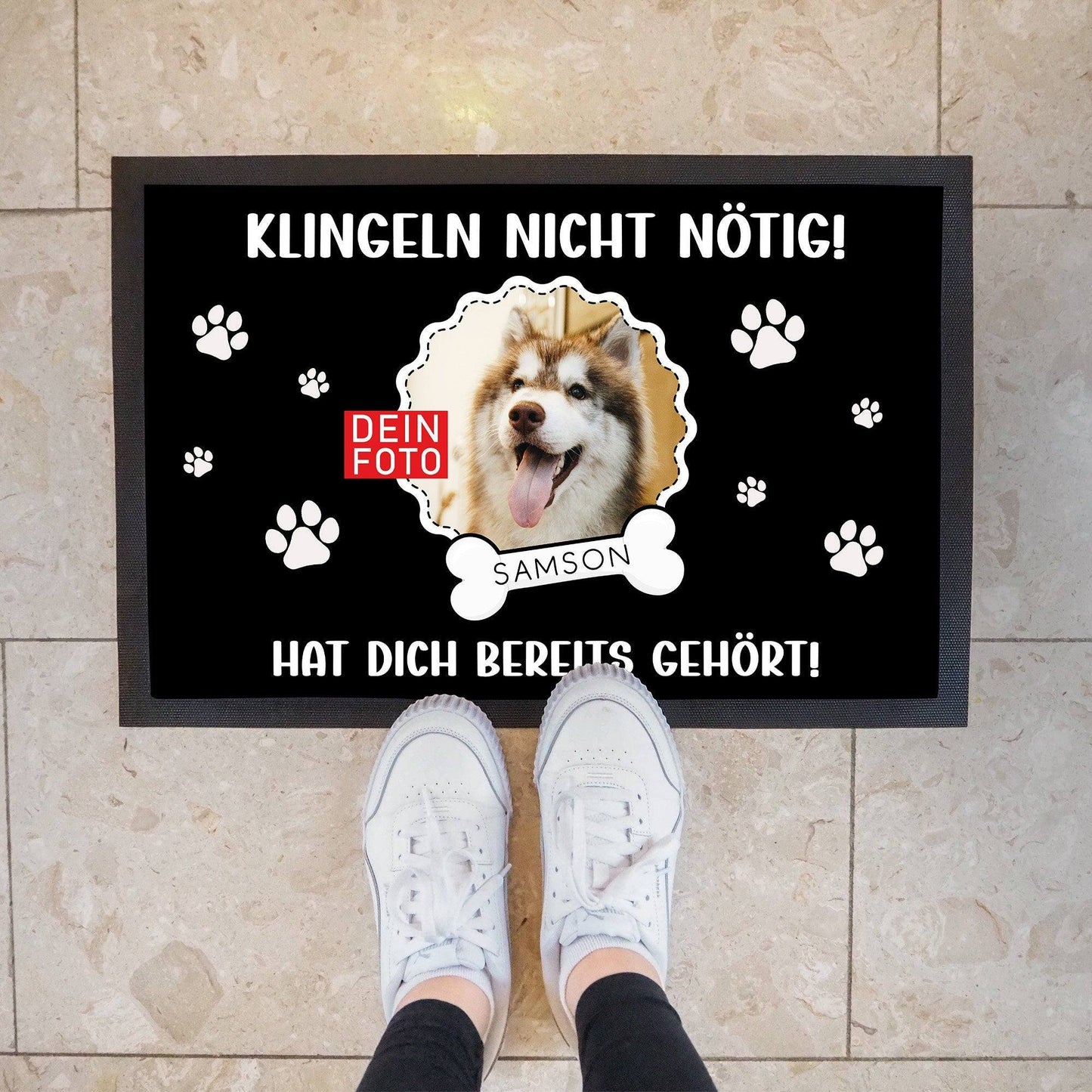 Fußmatte für Hunde- oder Katzenbesitzer "Klingeln Nicht nötig!" personalisiert mit Namen + Foto. Tolle Geschenkeidee für alle Tierliebhaber. kleinebuchstaben